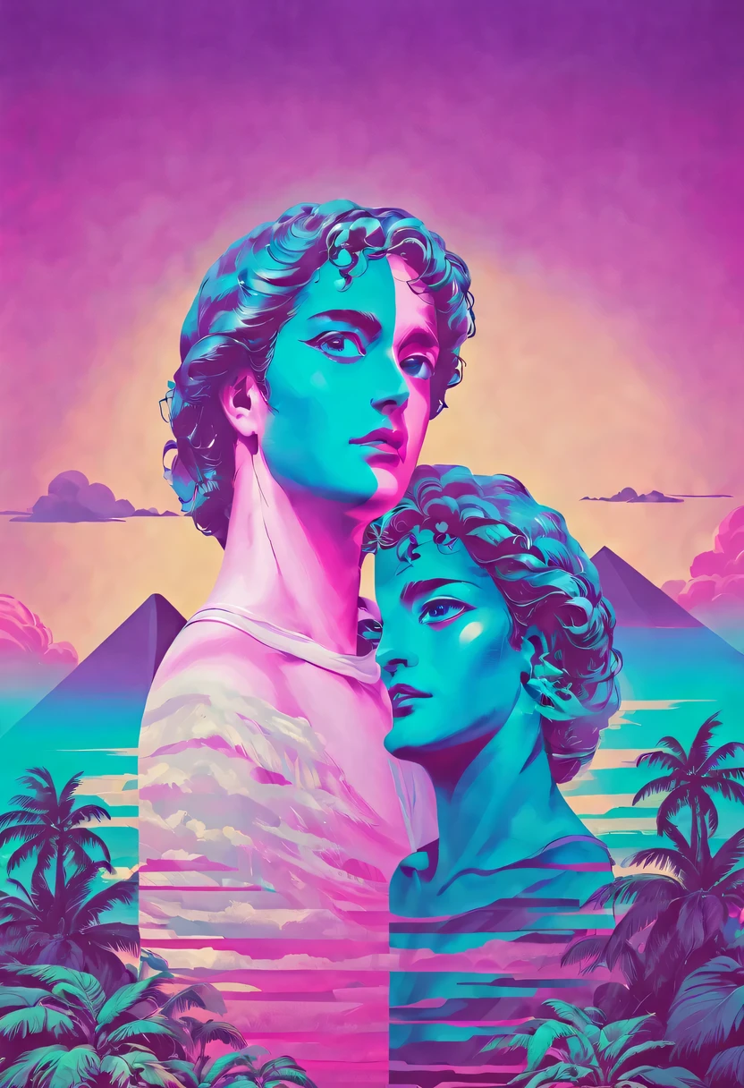 (vaporwave aesthetics:1.8)，futuristic city, English title，fantasy, matrix, desert, ocean, Chinese pavilions,Retro 70s screen close-up,coconut tree,24th century,Strong psychedelic colors and retro-future decadence,distressed and stylized, illusory、Collage、No order，dystopian、Lo-Fi、