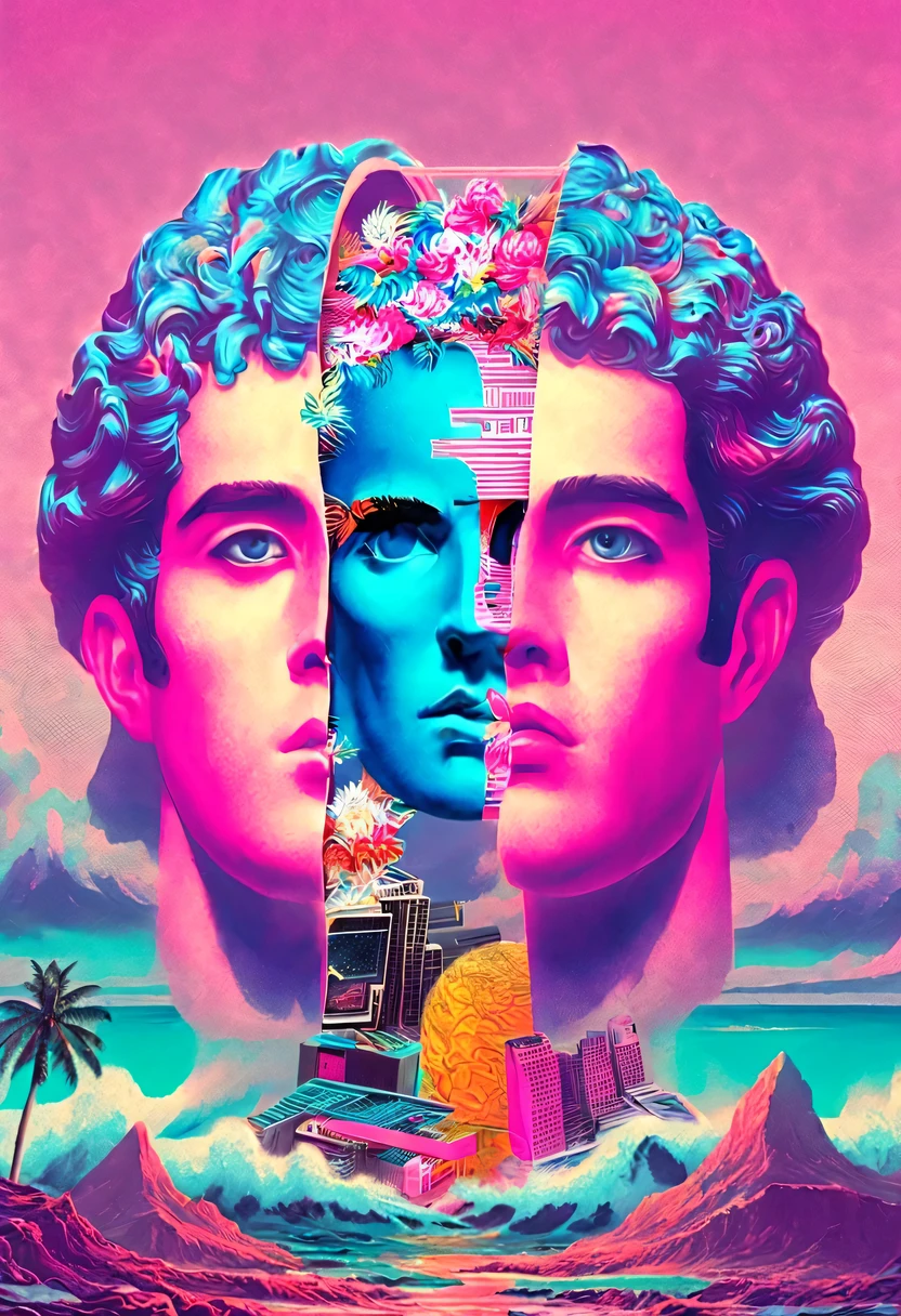 vaporwave怪诞美学,High saturation color,David bust sculpture head and body separated,  double contact, 商品ocean报,High saturation color,futuristic city, English title，fantasy, matrix, desert, ocean, pyramid,Retro screen close-up,coconut tree,24th century,Strong psychedelic colors and retro-future decadence,distressed and stylized, illusory、Collage、No order，dystopian、Lo-Fi、sample fusion jazigital、chiptune、Fault art、futuristic、High quality、dematerialized art、retro tech、Surrealism,vaporwave nostalgia, very vaporwave, maximalist vaporwave, vaporwave, vaporwave!, vaporwave aesthetics, cyberpunk vaporwave, 90s aesthetic, vaporwave art, 90s aesthetic, 90's aesthetic, hip hop vaporwave, vaporwave aesthetic, vaporwave cartoon,