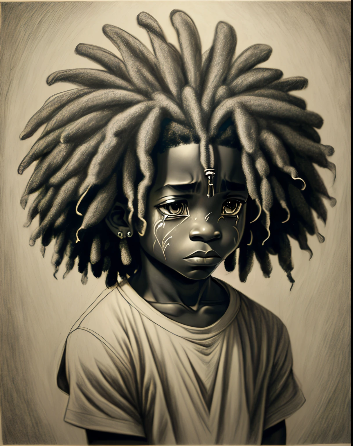 I want an expression of Sad crying , example of 1 male characters in graphite pencil drawing, cabelo afro caindo para a frente, Tipo Rasta, 8k Camera, para colocar de perfil no tiktok,