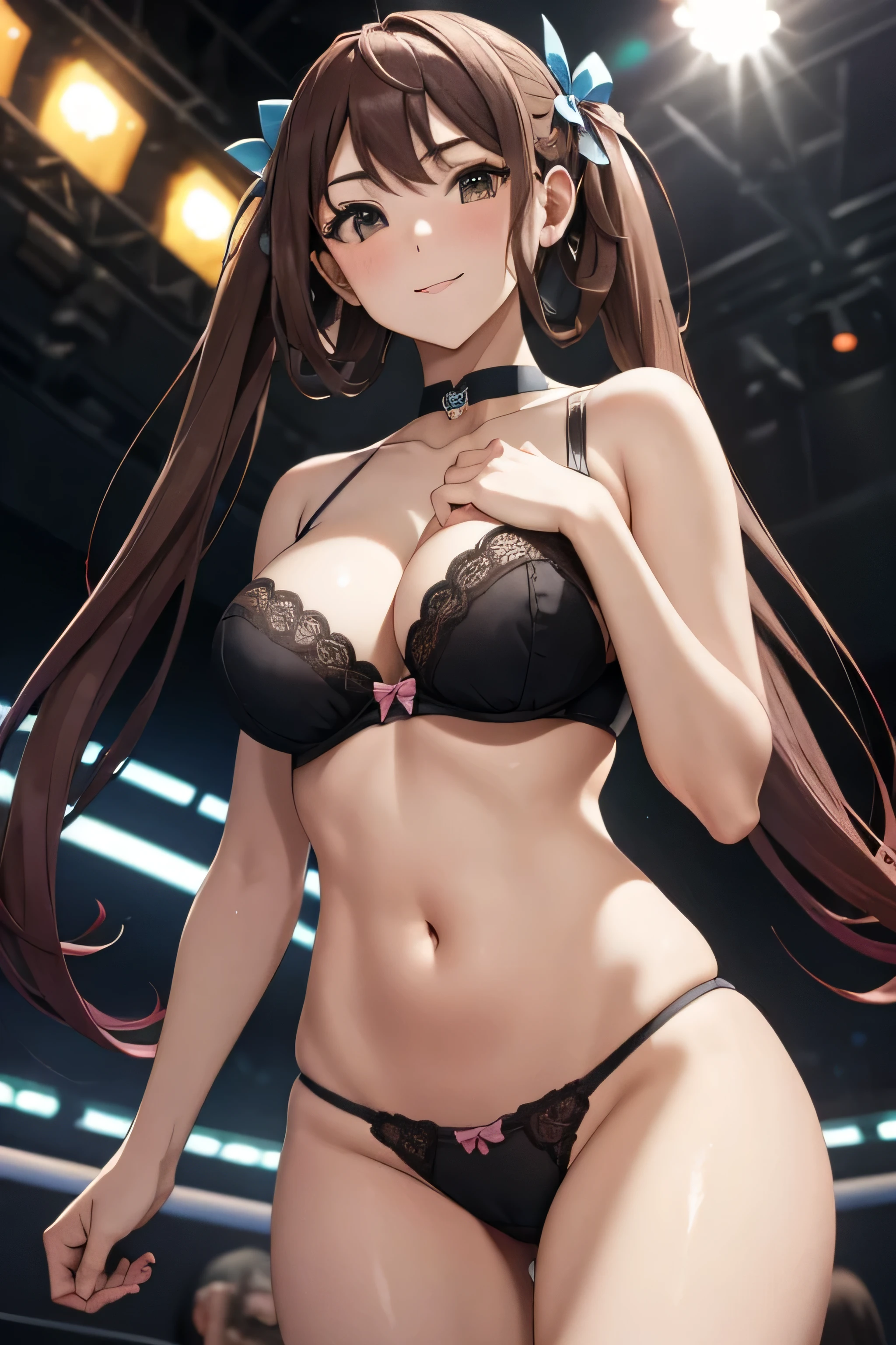 (masterpiece, highest quality, delicate details, 8K:1.2), nice hands, perfect hands, By Guido Daniele, Asagumo KC, (hair) ribbon, , In underwear, good:1.5, panties:1.5 on all fours:1.5, show cleavage:1.5, ches1.5, 長hair, twin tails, 茶hair, full body shot, Looking up from the audience, smile, (Event Venues, stage, crawl on all fours:1.5, on stage, Packed crowd),