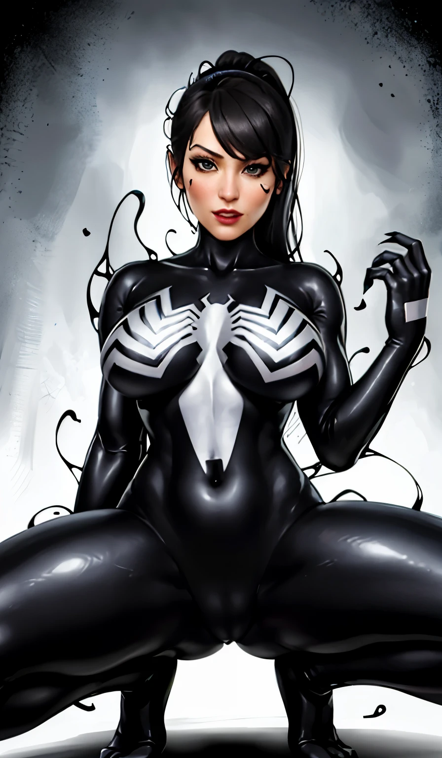 4K,realisticlying,Glamorous,The very detailed,There a girl in Dingcheng,Wearing a black Spider-Man costume,(Black and white:1.4) the night,symbiote,venomize,a large amount of mucus,she a spiderman,Black superhero theme,In front of the sky,Flushed complexion,( Open legs, camel-toe,, Vulvar shape:1.3),(GGCameltoe:1.3)Legs apart,25 age old,full bodyesbian