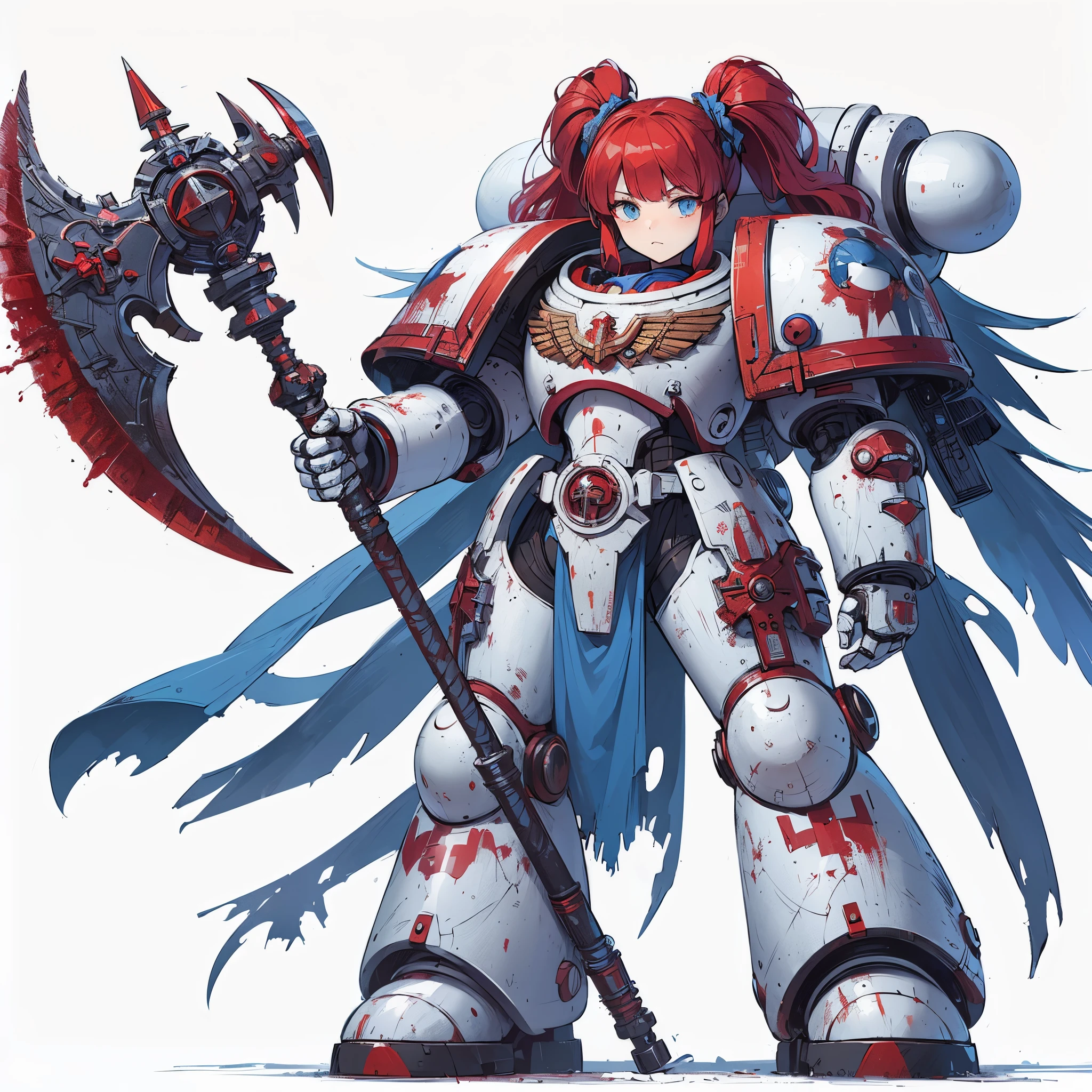 Masterpiece, best quality, ultra-detailed, anime style, solo, full body of space marine girl, white and blue power armor, red one top knots hairstyle, held a serrated bloody twin axe in each hand, standing on battle ground, Warhammer 40K, 8k high resolution, trending art station, white background, whole body,