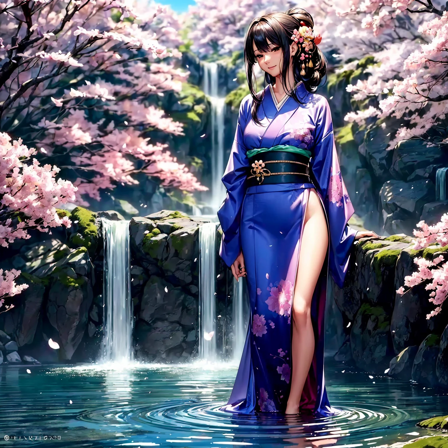 (((highest quality、masterpiece、very high resolution、highly detailed images、detailed details)))、(A woman of perfect and ultimate beauty:18-year-old, beautiful body:Slender and beautiful breasts、beautiful face:smile、beautiful hair:various hairstyles)、(best skin and hair texture)、((Beautiful Japan kimono:Colorful with floral patterns,shoulders are exposed,I can see my thighs)),(Fantastic waterside,There is a waterfall,Night cherry blossoms and lanterns,mysterious night sky,natural light,beautiful scenery,beautiful scenery),(beautiful pose,model shoot,The wind is blowing:hair fluttering),realistic portrait,bijinga,Overall image、highly detailed images、accurate image:1.5、accurate anatomy:1.5、Image without defects,perfect image,Overall image,(best shot,RAW photo:1.2)