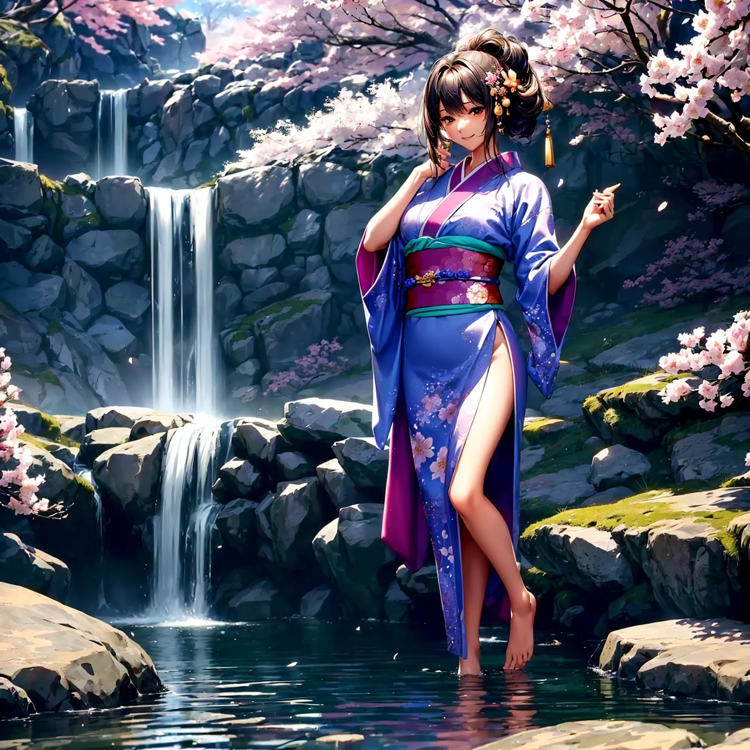 (((highest quality、masterpiece、very high resolution、highly detailed images、detailed details)))、(A woman of perfect and ultimate beauty:18-year-old, beautiful body:Slender and beautiful breasts、beautiful face:smile、beautiful hair:various hairstyles)、(best skin and hair texture)、((Beautiful Japan kimono:Colorful with floral patterns,shoulders are exposed,I can see my thighs)),(Fantastic waterside,There is a waterfall,Night cherry blossoms and lanterns,mysterious night sky,natural light,beautiful scenery,beautiful scenery),(beautiful pose,model shoot,The wind is blowing:hair fluttering),realistic portrait,bijinga,Overall image、highly detailed images、accurate image:1.5、accurate anatomy:1.5、Image without defects,perfect image,Overall image,(best shot,RAW photo:1.2)