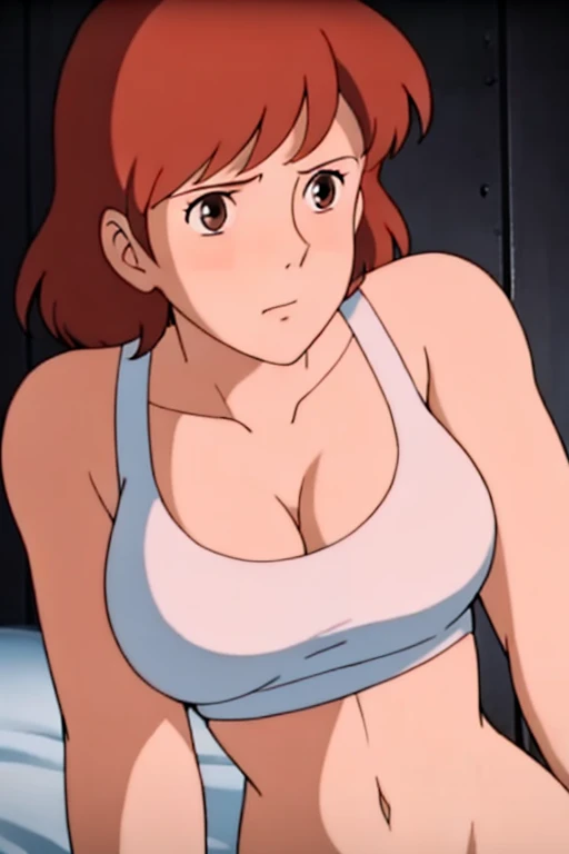 (masterpiece, best quality, high resolution, anime screencap, anime colored, 8k, photorealistic), Nausicaa, 1girl, solo, cute, blush, slim, brown hair, (looking at away, cleavage), upper body, large breasts, (white tanktop), sit, bed, (perfect detailed anatomy, beautiful face&eyes, beautiful skin, perfect body)