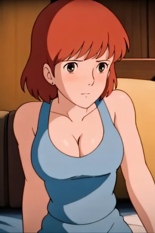 (masterpiece, best quality, high resolution, anime screencap, anime colored, 8k, photorealistic), Nausicaa, 1girl, solo, cute, blush, slim, brown hair, (looking at away, cleavage), upper body, large breasts, (white tanktop), sit, bed, (perfect detailed anatomy, beautiful face&eyes, beautiful skin, perfect body)