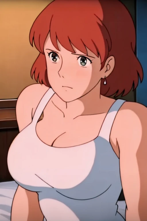 (masterpiece, best quality, high resolution, anime screencap, anime colored, 8k, photorealistic), Nausicaa, 1girl, solo, cute, blush, slim, brown hair, (looking at away, cleavage), upper body, large breasts, (white tanktop), sit, bed, (perfect detailed anatomy, beautiful face&eyes, beautiful skin, perfect body)