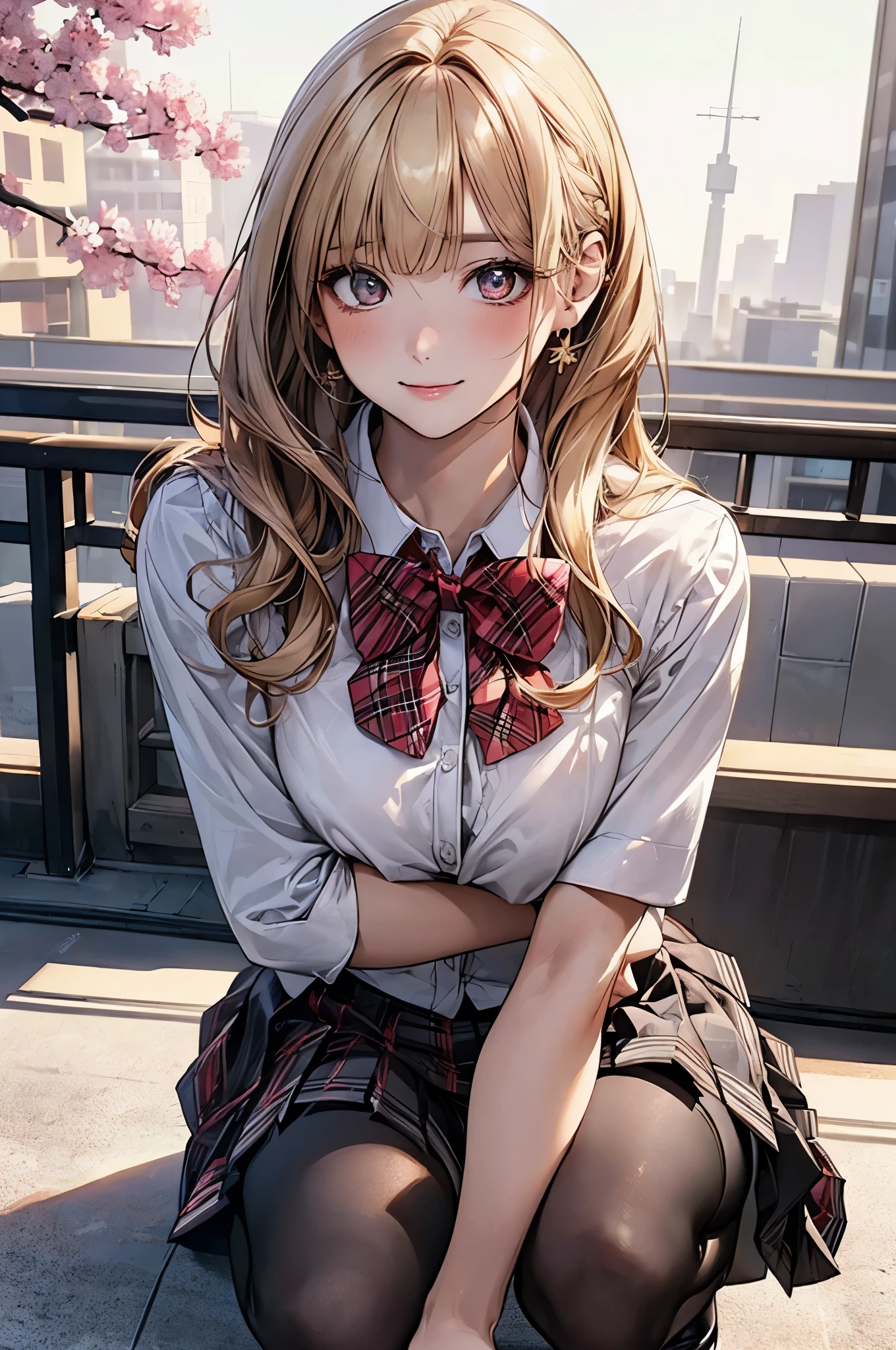(masterpiece:1.2, top-quality), (realistic, photorealistic:1.4), beautiful illustration, (natural side lighting, movie lighting), nsfw,
looking at viewer, cowboy shot, front view:0.6, 1 girl, japanese, high school girl, perfect face, cute and symmetrical face, shiny skin,
(long hair:1.2, half updo:1.4, blond hair), blunt bangs, gold eyes, drooping eyes, long eye lasher, (large breasts:0.6),
beautiful hair, beautiful face, beautiful detailed eyes, beautiful clavicle, beautiful body, beautiful chest, beautiful thigh, beautiful legs, beautiful fingers,
((white collared shirts, grey pleated skirt, black socks, red plaid bow tie), pink panty),
(beautiful scenery), morning, school rooftop, squatting, (lovely smile, upper eyes),