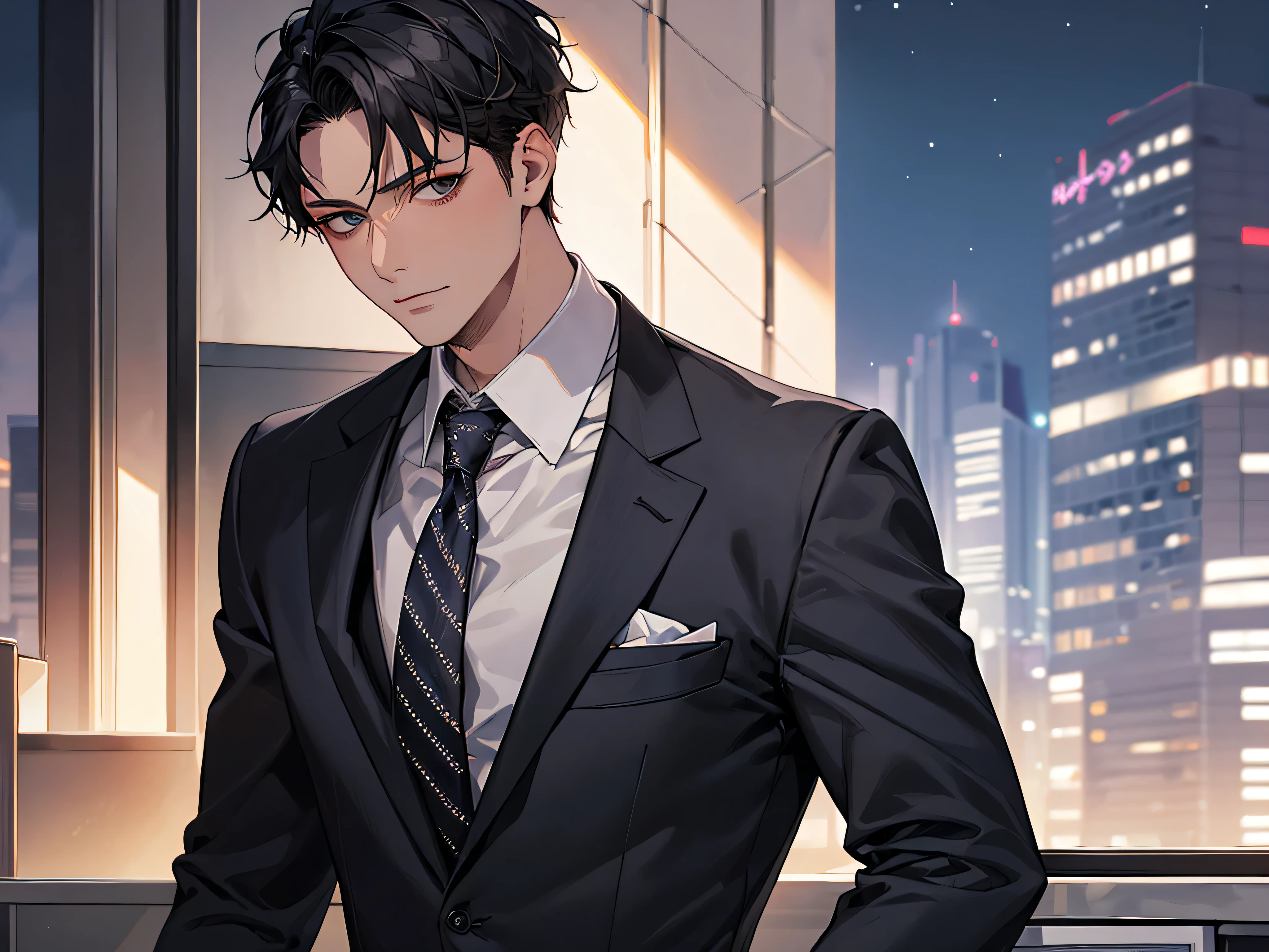 ((close up)),dramatic angle,masterpiece,shoot from below, upper body shot, business Suit,tie,man,solo,(40-year-old),Black top, short hair,looking at viewer,office,(night)