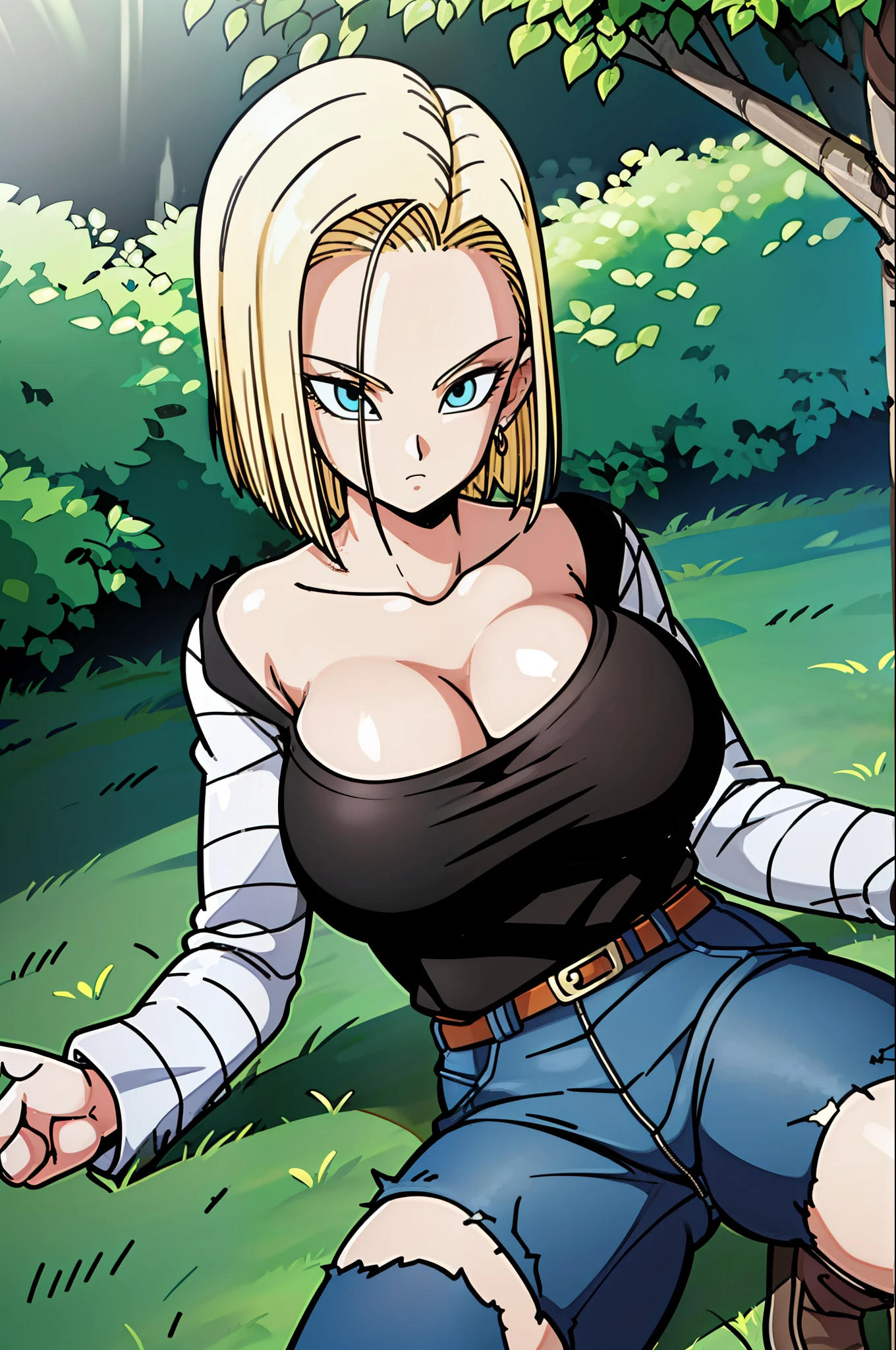 masterpiece, detailed face, 
android 18,  buu saga, , 1girl, solo, looking at viewer, short hair, blue eyes, blonde hair, collarbone, 
field, trees,((huge tits:1.2)),cleavage, forest, upper body, lying on field, hovering, 
midair, 
black shirt, long sleeves, striped sleeves, hoop earrings, shoes, orange socks, belt, high waist pants,