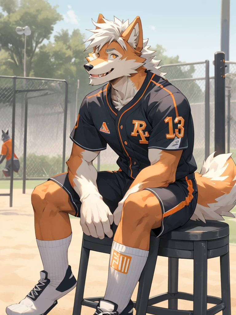 1man, Correct body structure, Correct finger structure, Correct pupil structure, single person, ((orange fur)), wolf, white hair, smile, brown pupils, wolf tail, strong, Medium length hair, In the playground, baseball uniforms, white cotton socks, sitting on a stool