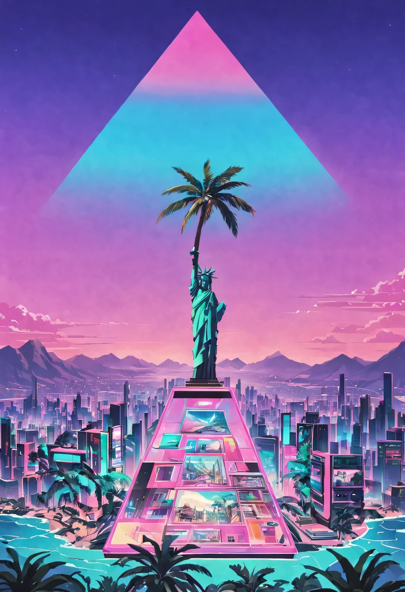 The head and body are separate, David sculpture interior, double contact, 商品ocean报,High saturation color,cyberpunk city in background, Ink punk, Colorful neon lights,futuristic city, English title,fantasy, matrix, desert, ocean, pyramid,Screen close-up,coconut tree, 24th century,Strong psychedelic colors and retro-future decadence,distressed and stylized, illusory、Collage、No order,dystopian、Lo-Fi、sample fusion jazigital、chiptune、Fault art、futuristic、High quality、dematerialized art、retro tech、Surrealism,vaporwave nostalgia, very vaporwave, maximalist vaporwave, vaporwave, vaporwave!, vaporwave aesthetics, cyberpunk vaporwave, 90s aesthetic, vaporwave art, 90s aesthetic, 90's aesthetic, hip hop vaporwave, vaporwave aesthetic, vaporwave cartoon,