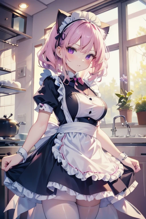 A pink haired woman with violet eyes with an hourglass figure is wearing a cat outfit in a maid cafe and carrying out a parfait
