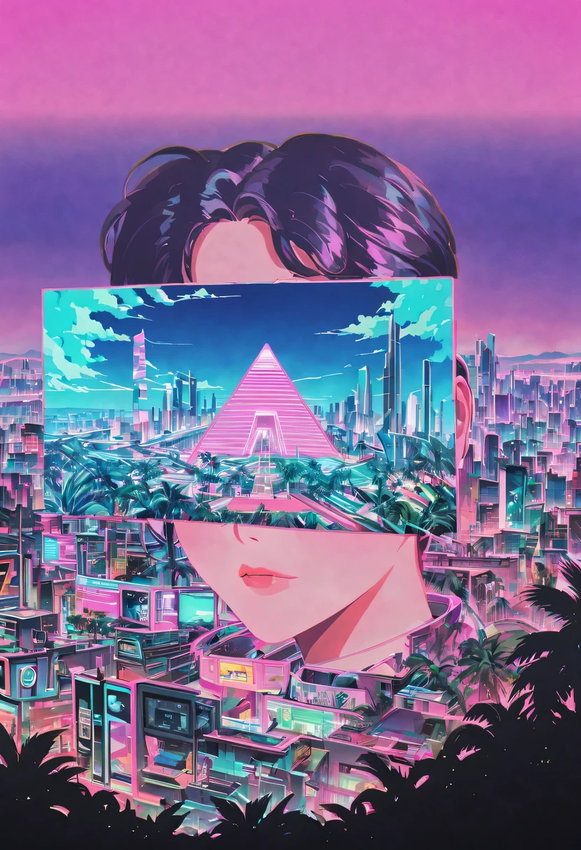 The head and body are separate, David sculpture interior, double contact, 商品ocean报,High saturation color,cyberpunk city in background, Ink punk, Colorful neon lights,futuristic city, English title,fantasy, matrix, desert, ocean, pyramid,Screen close-up,coconut tree, 24th century,Strong psychedelic colors and retro-future decadence,distressed and stylized, illusory、Collage、No order,dystopian、Lo-Fi、sample fusion jazigital、chiptune、Fault art、futuristic、High quality、dematerialized art、retro tech、Surrealism,vaporwave nostalgia, very vaporwave, maximalist vaporwave, vaporwave, vaporwave!, vaporwave aesthetics, cyberpunk vaporwave, 90s aesthetic, vaporwave art, 90s aesthetic, 90's aesthetic, hip hop vaporwave, vaporwave aesthetic, vaporwave cartoon,