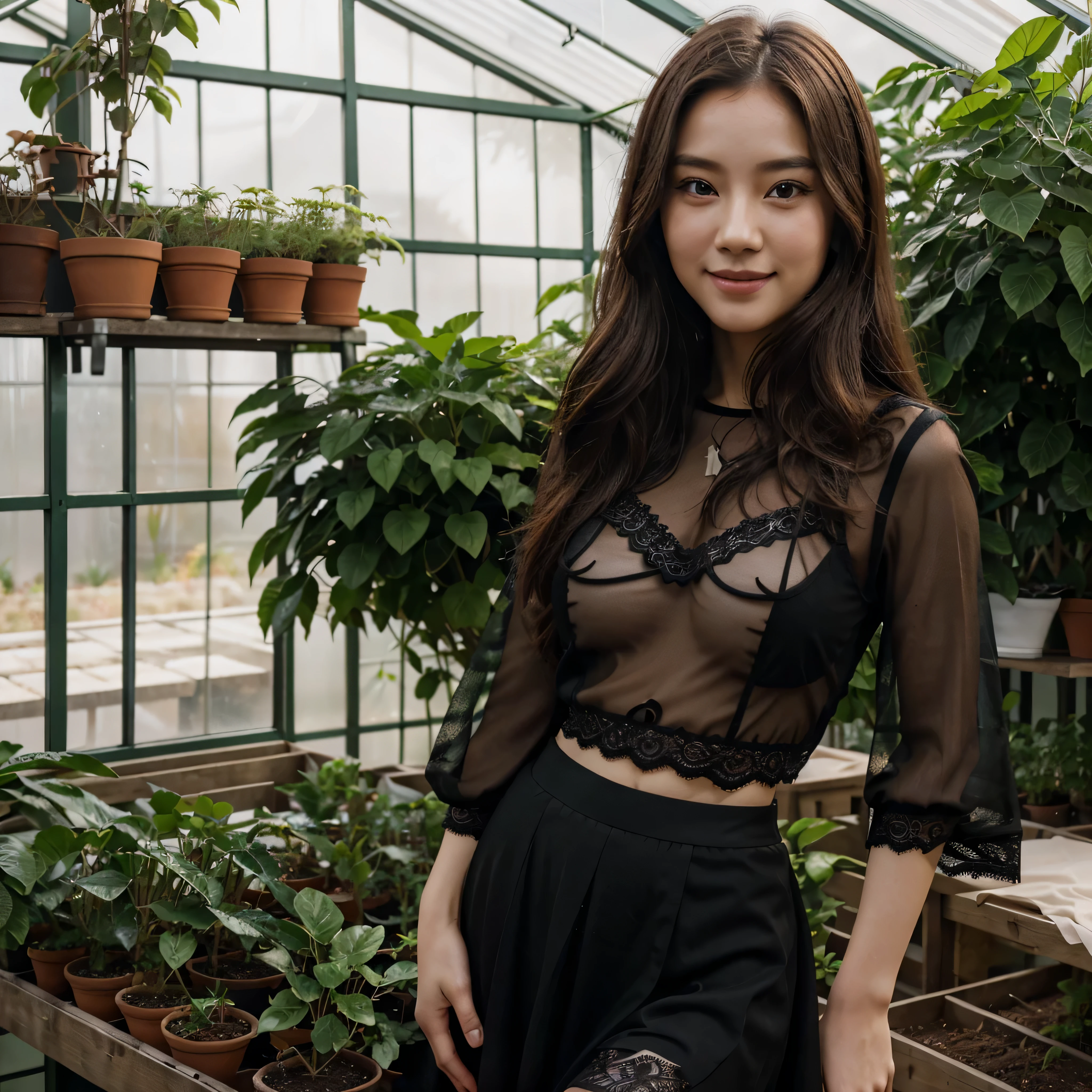ultra real full body shot photo of 25 years old woman Korean-European, smiles slightly, grean eyes. long brown hair on covering her body With very precise details, in the greenhouse In a see-through all black lace blouse, black skirt
