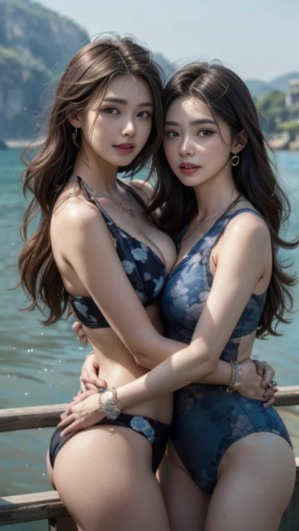 8K, masterpiece, 美女2 people、hug each other、beautiful face, very long hair, fine eyes, detailed lips, big bust, big hips、cow print bikini、city中、city、crowd、2 people