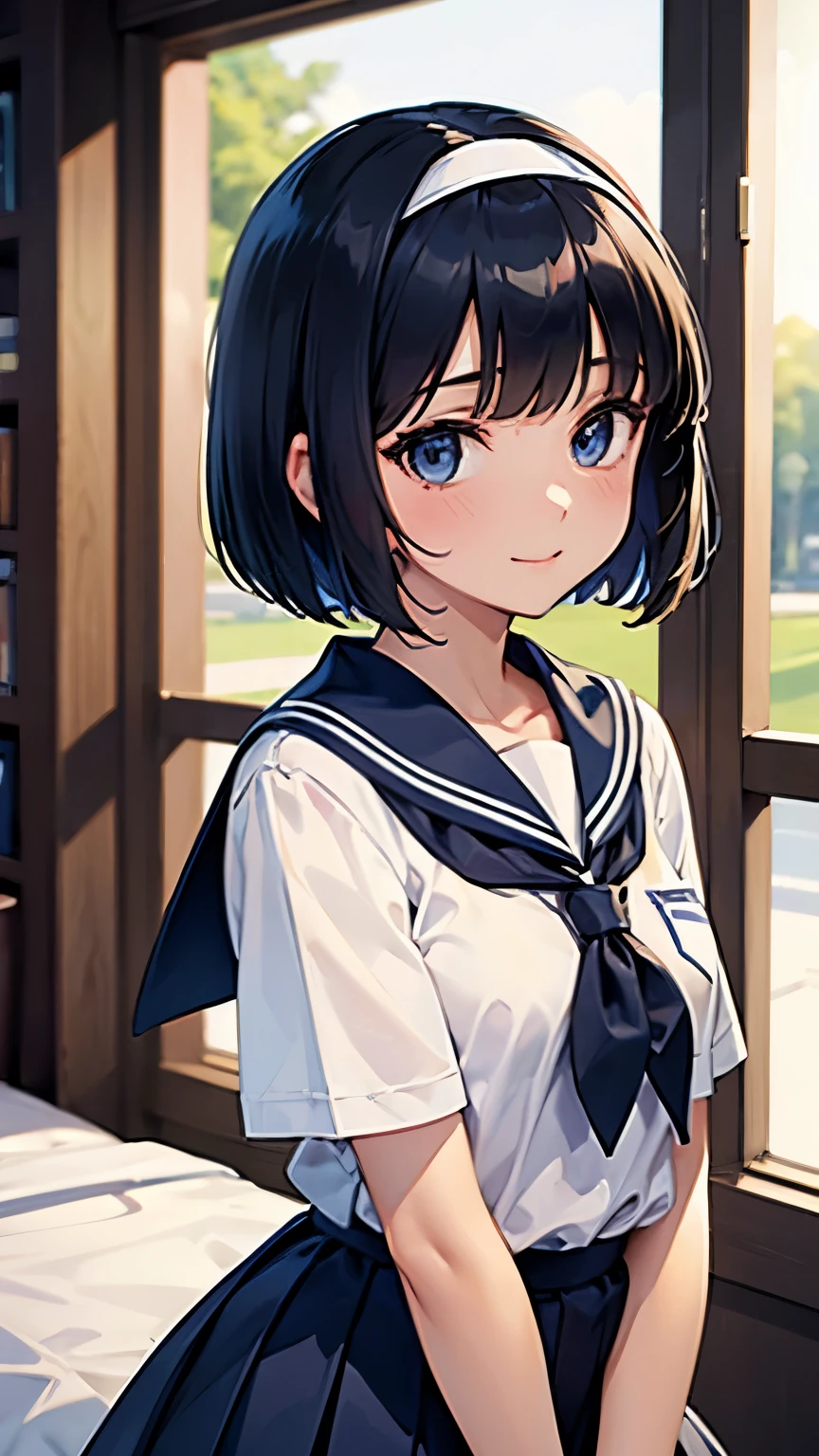 (masterpiece: 1.3), (highest quality:1.4), ultra high resolution, (fine eyes), (detailed facial features), (Detailed features of clothing), HDR, 8K resolution, High school girl in sailor suit, Anime 2D rendering, White headband, smile, black hair, bob cut, navy blue sailor uniform, black stockings, school scenery, small face, trot,