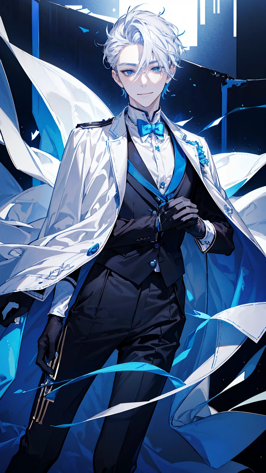 1young man,solo, male photo,confident smile, silver hair, ((short hair)), ((short sideburns)),light blue eyes, slant eyes,anatomically correct,blue ribbon tie,((black gloves)),((white cloak)),black suit,beautiful japanese style background,(best quality:1.3), high quality,masterpiece, 8K 