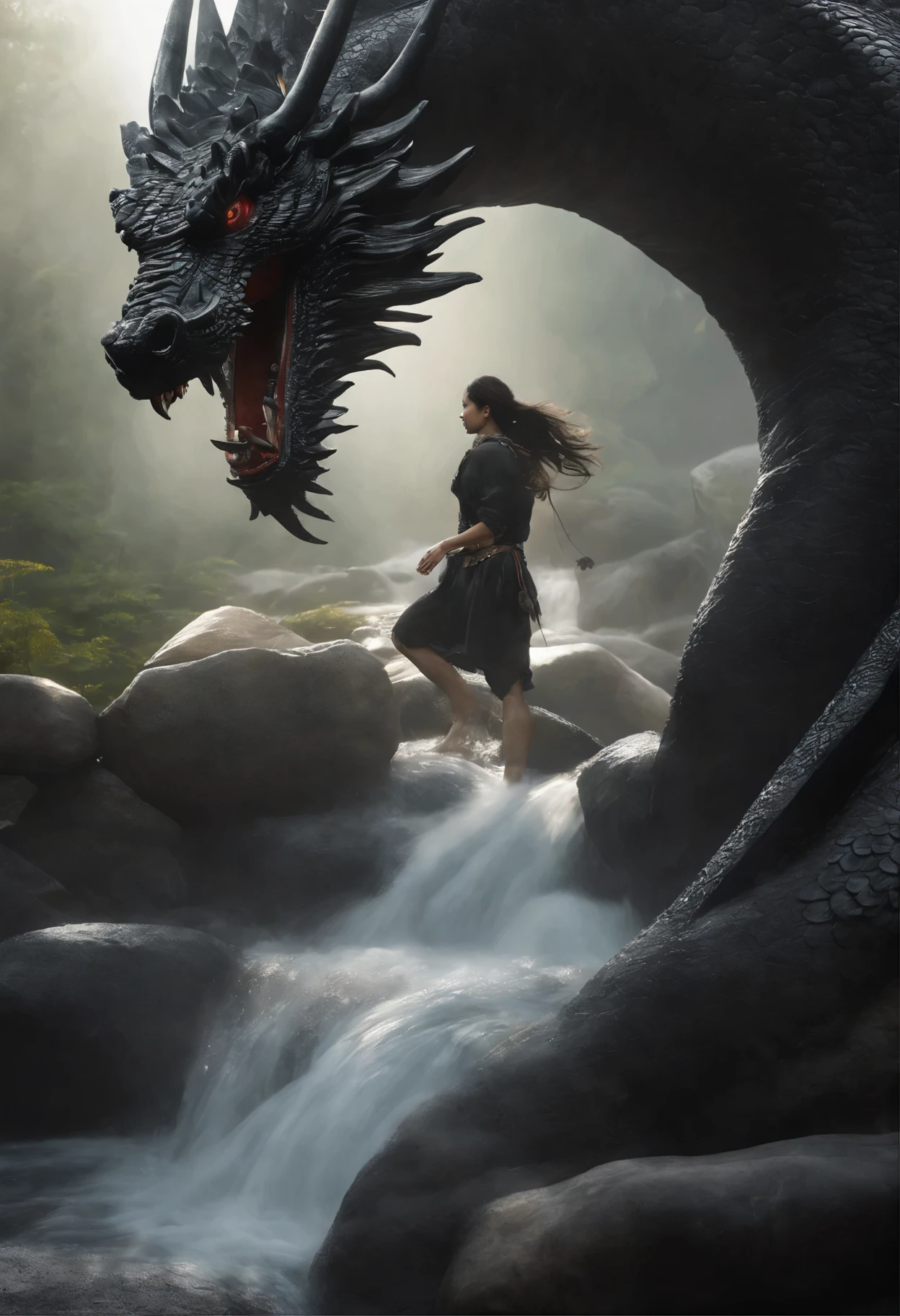 Asian-style black dragon flying around in a mysterious waterfall、The black dragon's body is long and undulating like a large snake, and a jewel is held in his right hand.、He roars with magnificent horns and a beard on his head.、Cat-eared girl who challenges the black dragon、[Object Object], (detailed facial features:1.3), (Raw photo, 16 K, masutepiece, Best Quality: 1.2), (ultra-realism, Ultra-dense and complex realism: 1.3), (Wide depth of field, Radiation Mapping, Ray tracing, god rays: 1.2), High dynamic range, Vivid, Rich details, Clear shadows and highlights, Realistic, Formidable, Increased contrast, Cat-eared girl in Japanese clothes fighting a black dragon in a mysterious waterfall、