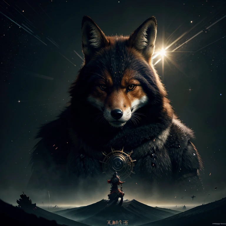 Fox anthropomorphism in deep space, samurai, japanese ink style, 4k, amazing epic ancient theme, cinematic, stunning, realising lighting and shading, vivid, vibrant, unreal engine, concept art
