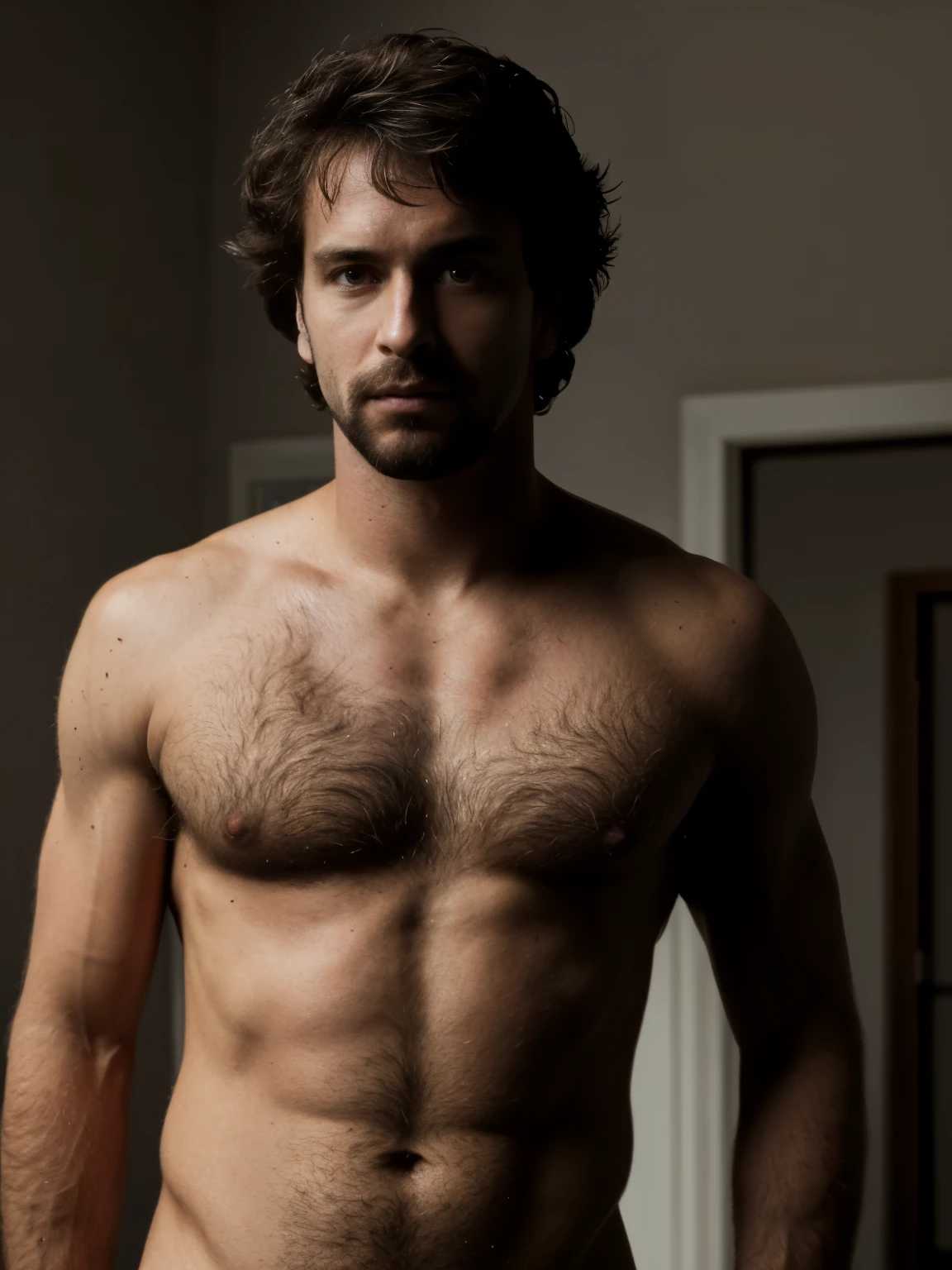 masterpiece, best quality, high resolution, closeup portrait, male focus, solo focus, A man, with doctor clothes, bare chest, body hair, facial hair, goatee, messy short hair, very hairy body , skinny , in the background a doctor office, amazing composition, front view, HDR, ultra quality, elegant, highly detailed