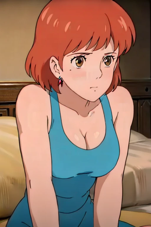 (masterpiece, best quality, high resolution, anime screencap, anime colored, 8k, photorealistic), Nausicaa, 1girl, solo, cute, blush, slim, brown hair, (looking at away, cleavage), upper body, large breasts, (white tanktop), sit, bed, (perfect detailed anatomy, beautiful face&eyes, beautiful skin, perfect body)