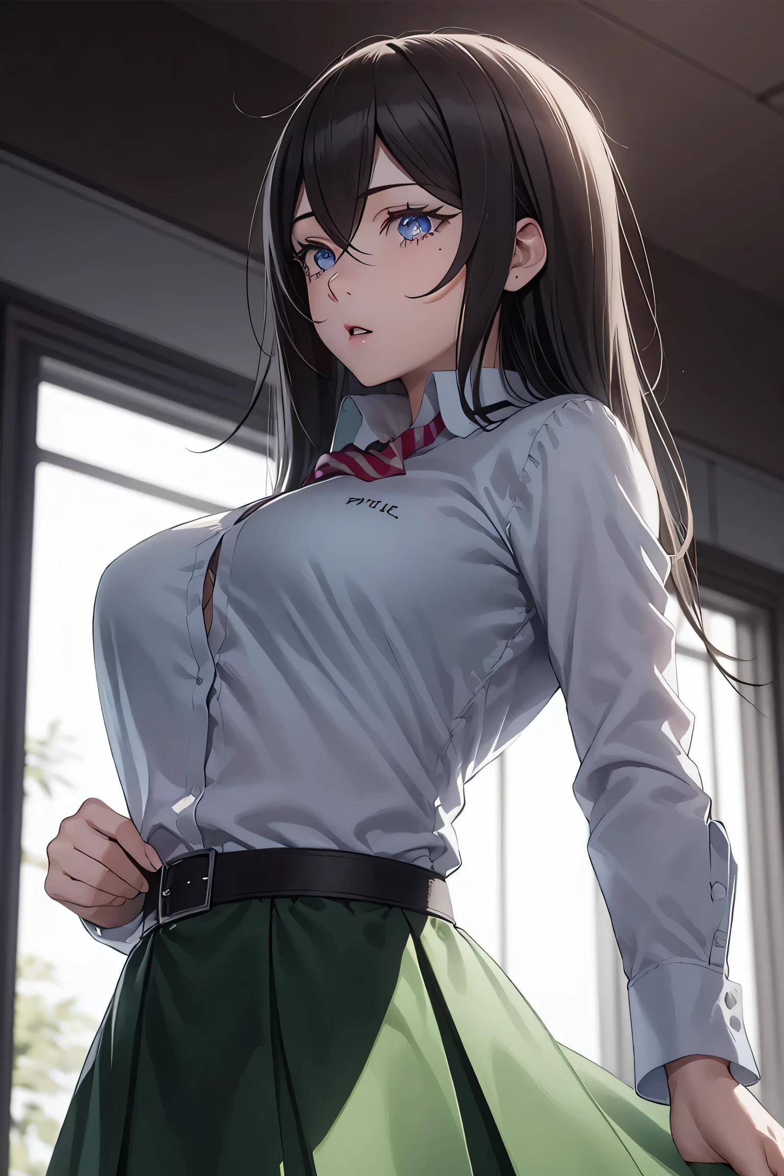 solo, 1girl, suginami ikaruga, mole,
BREAK  (labcoat, shirt, green skirt, belt:1,2)
BREAK cowboy shot, front view:1.0, looking at viewer, looking away, (grasp, pleated skirt, grabbing the buttocks:1.2), 
BREAK train,
BREAK (masterpiece:1.2), best quality, high resolution, unity 8k wallpaper, (illustration:0.8), (beautiful detailed eyes:1.6), extremely detailed face, perfect lighting, extremely detailed CG, (perfect hands, perfect anatomy),