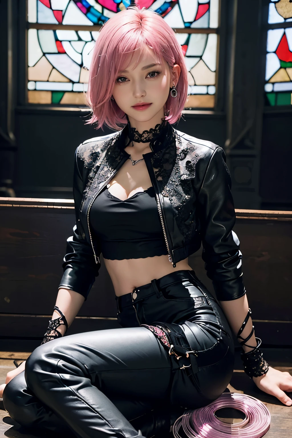 (8K, top-quality, masterpiece:1,2), (reallistic, Photorealsitic:1.37), Super Detail, One girl,), (Highly detailed), (beautifully detailed eyes), (of the highest quality), (super detailed ), (masterpiece), (Detailed face),20yr old, ,1 girl, ((pink hair,Very short hair)), medium breasts, clothed, Perfect Lighting, BREAK (black lace cropped jacket:1.4), (red sexy bodysuit:1.3), (silver slinky halterneck top:1.5), (black leather skinny pants:1.4), fit and flare silhouette, gothic lace-up details, drop earrings, fishnet stockings, (black lace-up high heel boots:1.3), cross necklace, studs bracelet, BRAKE body shot, pink very short hair, bangs on left side, right ear exposed, smiling gently, looking at camera, right hand opening black lace jacket, left hand holding cross necklace, inside church, stained glass and altar visible, light shining on face and necklace