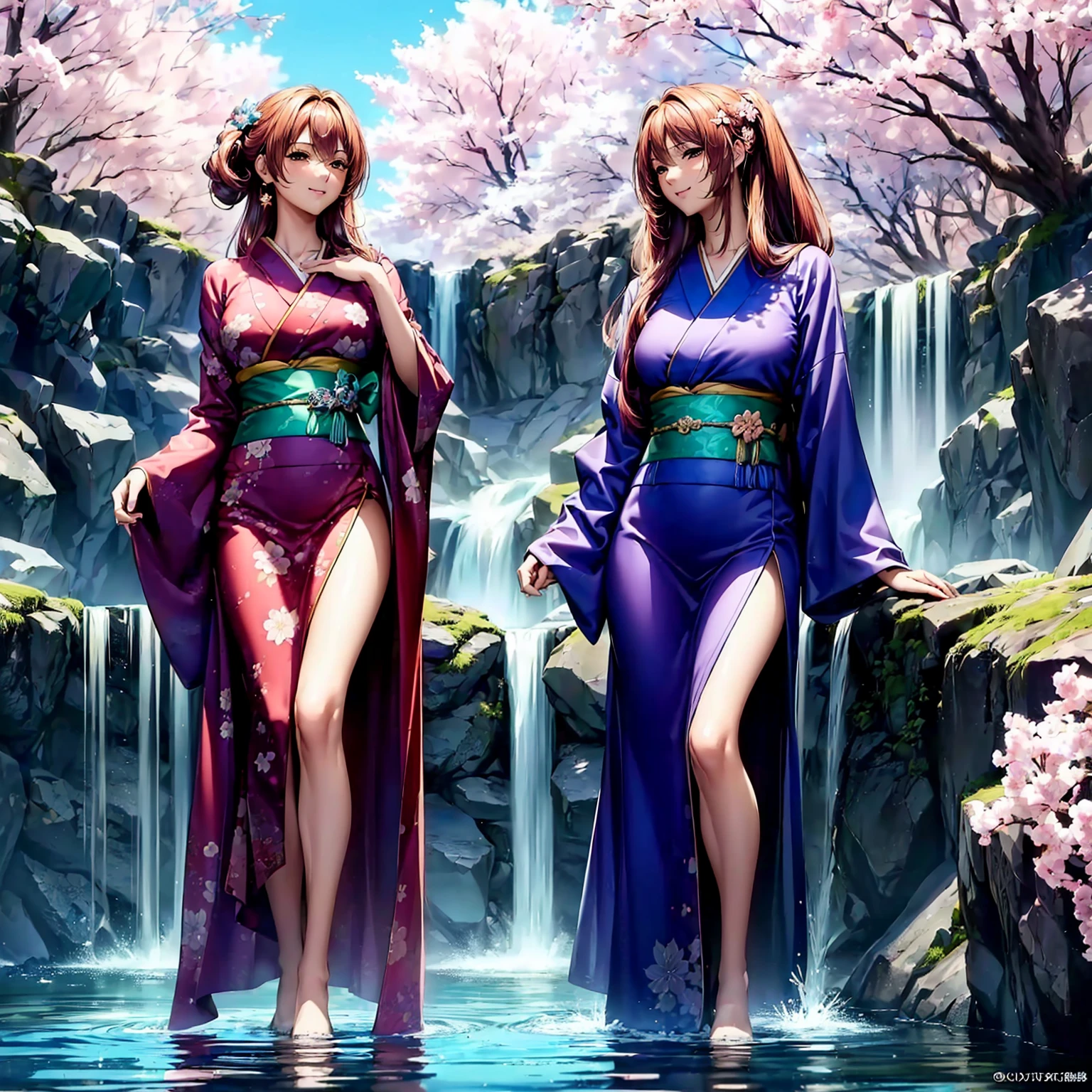 (((highest quality、masterpiece、very high resolution、highly detailed images、detailed details)))、(A woman of perfect and ultimate beauty:18-year-old, beautiful body:Slender and beautiful breasts、beautiful face:smile、beautiful hair:various hairstyles:red hair)、(best skin and hair texture)、((Beautiful Japan kimono:Colorful with floral patterns,shoulders are exposed,I can see my thighs)),(Fantastic waterside,There is a waterfall,Night cherry blossoms and lanterns,mysterious night sky,natural light,beautiful scenery,beautiful scenery),(beautiful pose,model shoot,The wind is blowing:hair fluttering),bijinga,Overall image、highly detailed images、accurate image:1.5、accurate anatomy:1.5、Image without defects,perfect image,Overall image,(best shot,RAW photo:1.2)