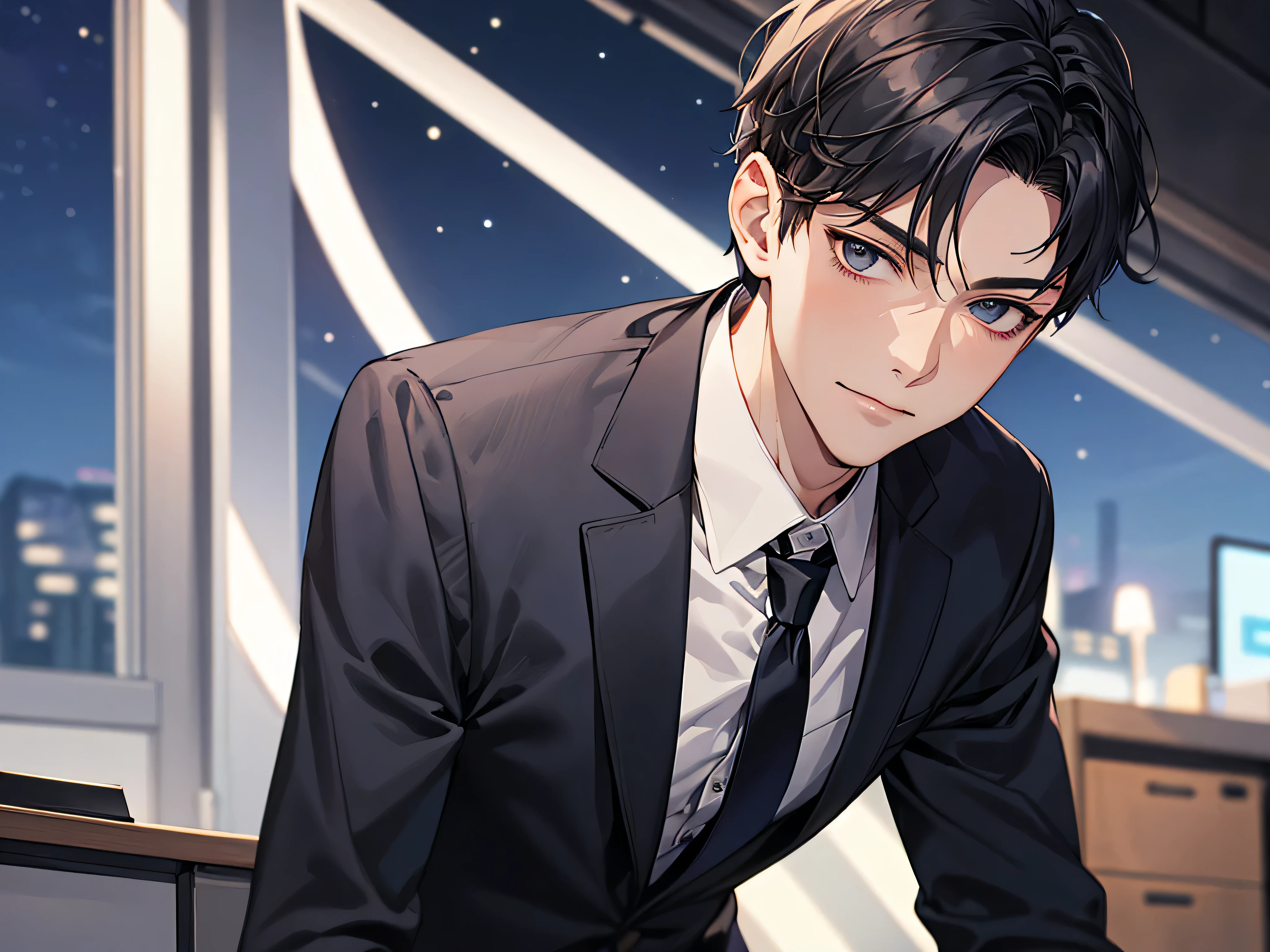 ビューアーにカベドン,((close up)),dramatic angle,masterpiece,shoot from below, upper body shot, business Suit,tie,man,solo,(40-year-old),Black top, short hair,looking at viewer,office,(night)