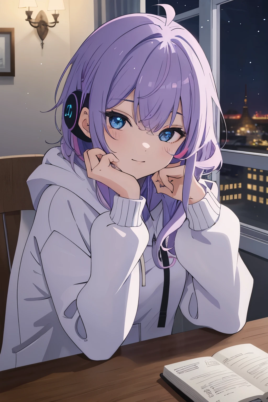 Scene View,null,anime style, house light ,night,headrest, intense angle, Curtsey,(Light purple hair)、(Web Hair)、medium hair、sparkling blue eyes、winter scenery,highest quality、Multicolored hair、((indoor))、headphone、white hoodie