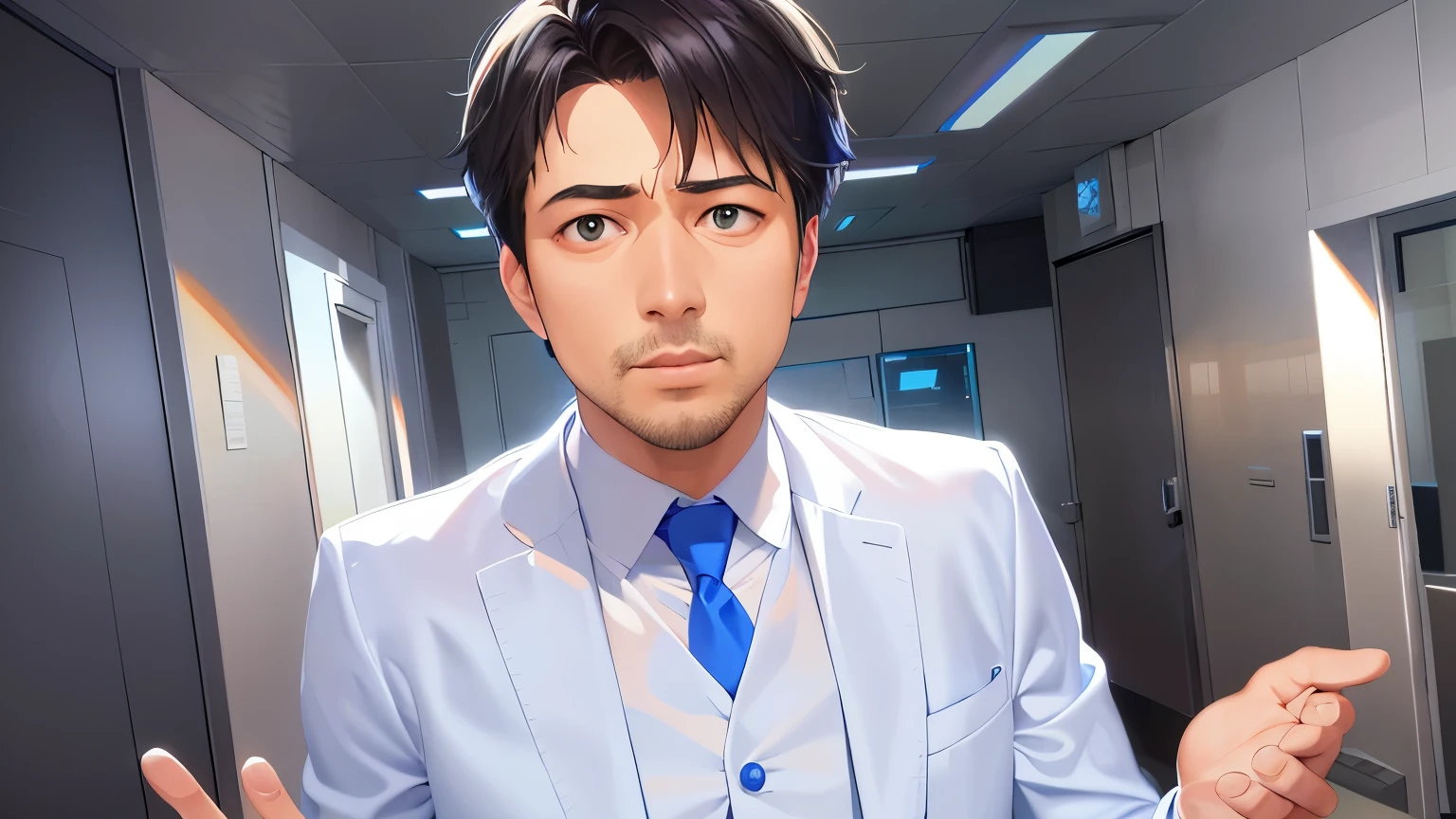 wearing a white shirt、Wearing a blue tie