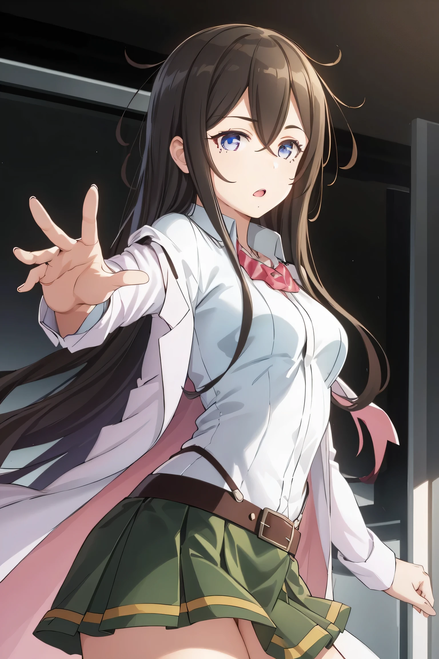 solo, 1girl, suginami ikaruga, mole,
BREAK (labcoat, shirt, green skirt, belt:1,2)
BREAK cowboy shot, front view:1.0, looking at viewer, looking away, (grasp, pleated skirt, grabbing the buttocks:1.2),
BREAK train,
BREAK (masterpiece:1.2), best quality, high resolution, unity 8k wallpaper, (illustration:0.8), (beautiful detailed eyes:1.6), extremely detailed face, perfect lighting, extremely detailed CG, (perfect hands, perfect anatomy),
