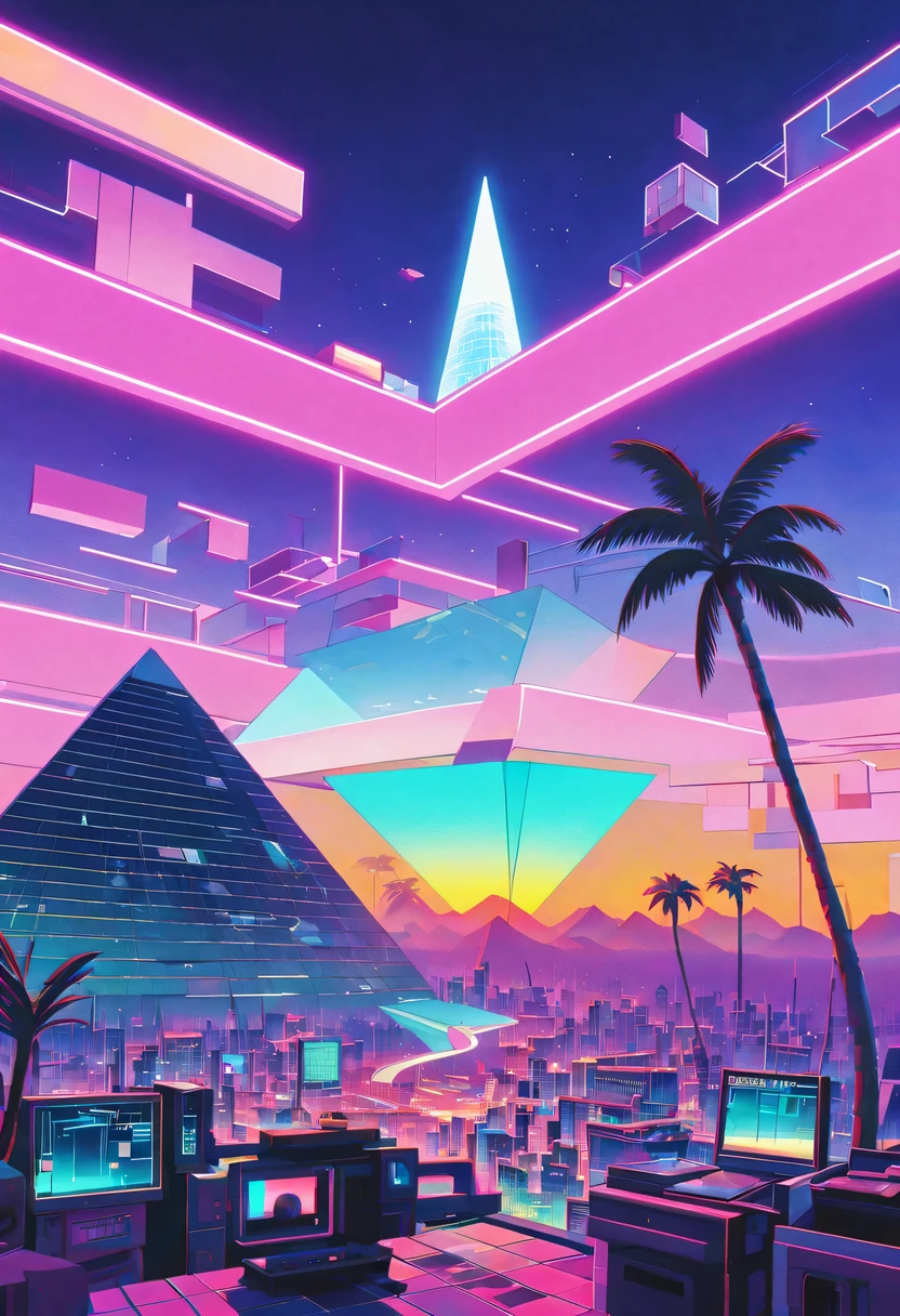 The head and body are separate, David sculpture interior, double contact, 商品ocean报,cyberpunk city in background, Ink punk, Colorful neon lights,futuristic city, English title,fantasy, matrix, desert, ocean, pyramid,Screen close-up,coconut tree, 24th century,Strong psychedelic colors and retro-future decadence,distressed and stylized, illusory、Collage、No order,dystopian、Lo-Fi、sample fusion jazigital、chiptune、Fault art、futuristic、High quality、dematerialized art、retro tech、Surrealism,vaporwave nostalgia, very vaporwave, maximalist vaporwave, vaporwave, vaporwave!, vaporwave aesthetics, cyberpunk vaporwave, 90s aesthetic, vaporwave art, 90s aesthetic, 90's aesthetic, hip hop vaporwave, vaporwave aesthetic, vaporwave cartoon,