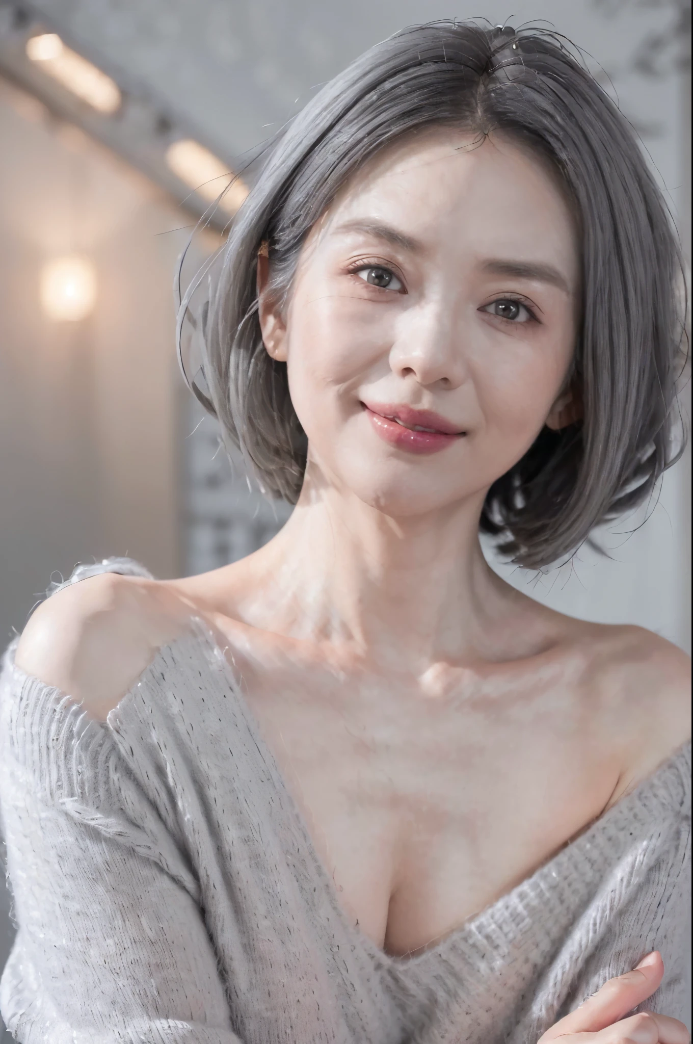 ((((8k))),((Extremely meticulous CG)) ,(wallpaper),16k,((Extremely refined and beautiful)),(((Masterpiece))),(((best qualtiy))),(((Ultra High Resolution))),beautiful light up,Perfect lightning,realistic shaded,[A high resolution],(wrinkle:1.2),(pale skin:1.3),Extremely exquisite facial details,(perfect body:1.1),ultra-detailed,An old woman,(58 years old:1.3),solo,mature,small head,(shoulder length straight bob hair:1.1),(gray hair:1.5),(messy hair:1.2),small face,Exquisite makeup,(small breasts:1.1),flat chests,slim,thin,(laughing:1.2),(sweater:1.3),(day scene:1.5),indoor,(detailed background:1.5),(upper body:1.5),(from front:1.3),