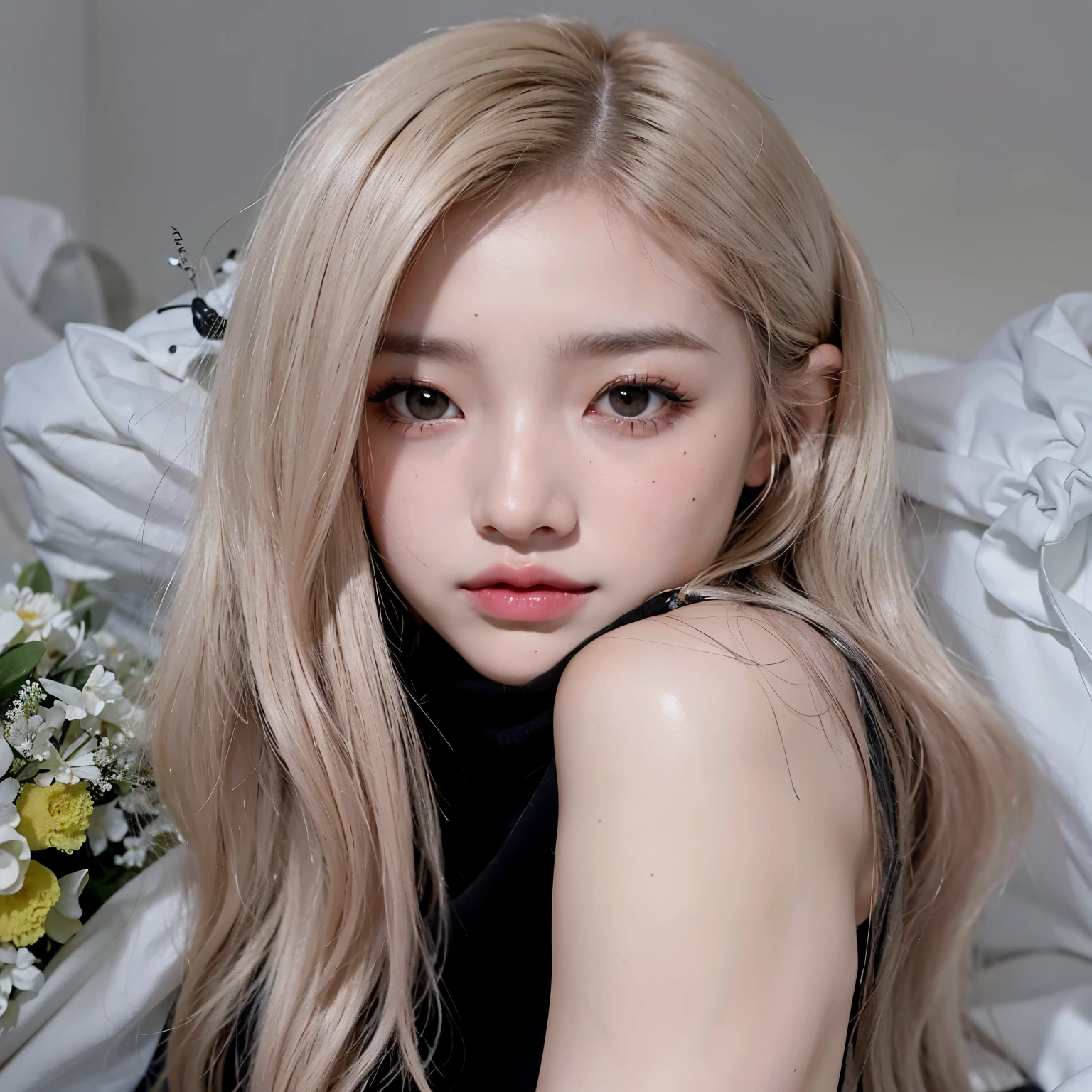 Un primer plano de una mujer con cabello largo y rubio posando para una foto, parque roseanne de blackpink, portrait of jossi de blackpink, jossi de blackpink, maquillaje popular de corea del sur, retrato de jisoo rosa negro, extremely pale blonde hair, maquillaje coreano popular, pale, shiny skin, Jinyoung Shin, Pale fur, muchacha coreana, tono de piel rosa pastel, very very pale blonde hair