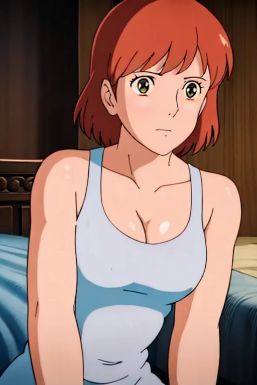 (masterpiece, best quality, high resolution, anime screencap, anime colored, 8k, photorealistic), Nausicaa, 1girl, solo, cute, blush, slim, brown hair, (looking at away, cleavage), upper body, large breasts, (white tanktop), sit, bed, (perfect detailed anatomy, beautiful face&eyes, beautiful skin, perfect body)