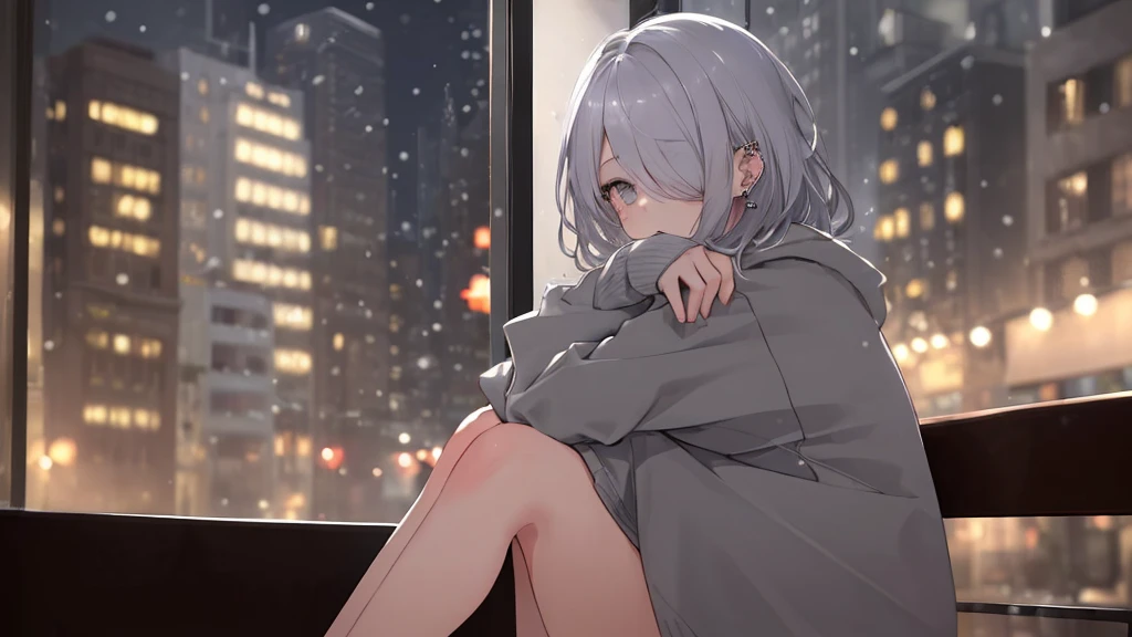 ((masterpiece:1.4, best quality:1.2)), 1girl, solo focus, beautiful skin, blush, grey sweatshirt, long white hair, grey eyes, sitting, earrings, Hands piercing, coffee shop window, night, snowing, cityscape, tall female, beautiful and delicate female, comfy ambience, {detailed background}, hair over one eye, shy, sexy, naked,