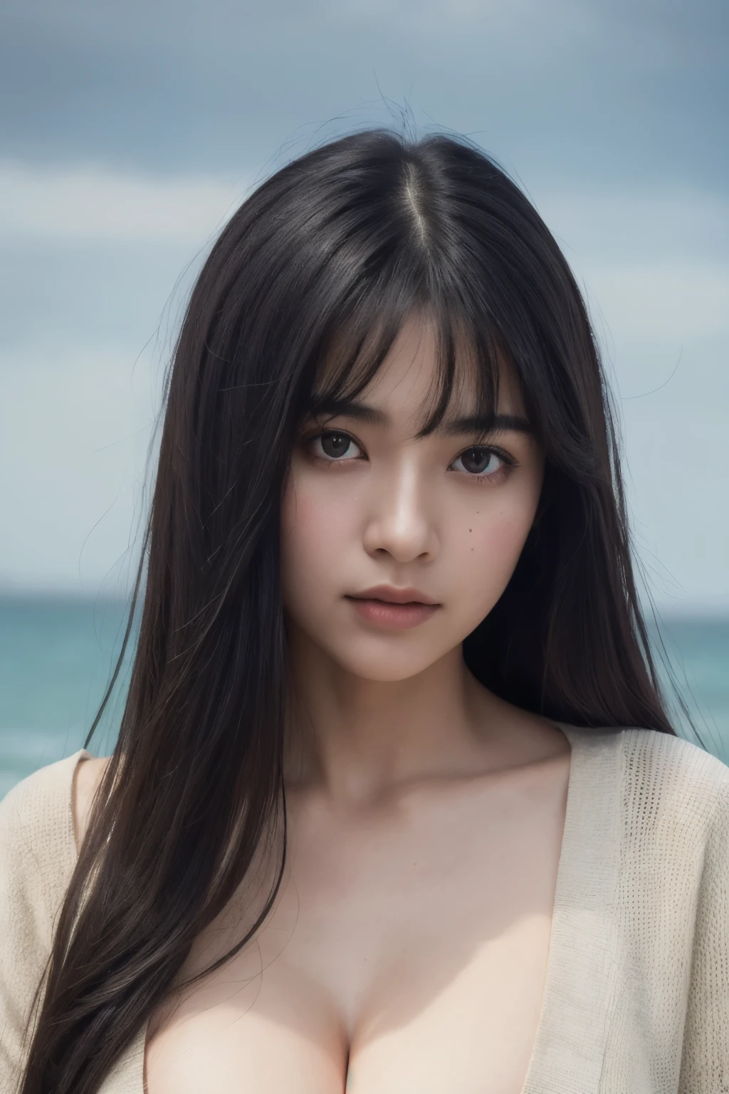 wide angle:1.3, (best quality, masterpiece, ultra-detailed),(8K wallpaper),(1girl, , cute, gal), break, (, serafuku:1.3), (cleavage:1.3) break, (at the sea:1.3), (invite, draw in:1.3), perfectly trimmed fingers, break, (Medium breasts, (red eyes), ultra-detailed brilliant Medium eyes, large pupil, (ultra-detailed black hair), semi-long hair, parted bangs), break, ((Intricate details)), eyes and faces with detailed, break, ((masterpiece, best quality, ultra detailed, detailed face, 8k))