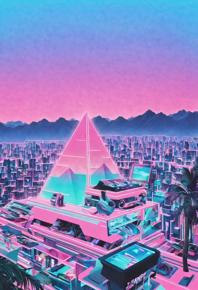 vaporwave头部和身体分开, David sculpture interior, double contact, 商品ocean报,cyberpunk city in background, Ink punk, Colorful neon lights，futuristic city, English title，fantasy, matrix, desert, ocean, pyramid,Screen close-up,coconut tree, 24th century,Strong psychedelic colors and retro-future decadence,distressed and stylized, illusory、Collage、No order，dystopian、Lo-Fi、sample fusion jazigital、chiptune、Fault art、futuristic、High quality、dematerialized art、retro tech、Surrealism,vaporwave nostalgia, very vaporwave, maximalist vaporwave, vaporwave, vaporwave!, vaporwave aesthetics, cyberpunk vaporwave, 90s aesthetic, vaporwave art, 90s aesthetic, 90's aesthetic, hip hop vaporwave, vaporwave aesthetic, vaporwave cartoon,