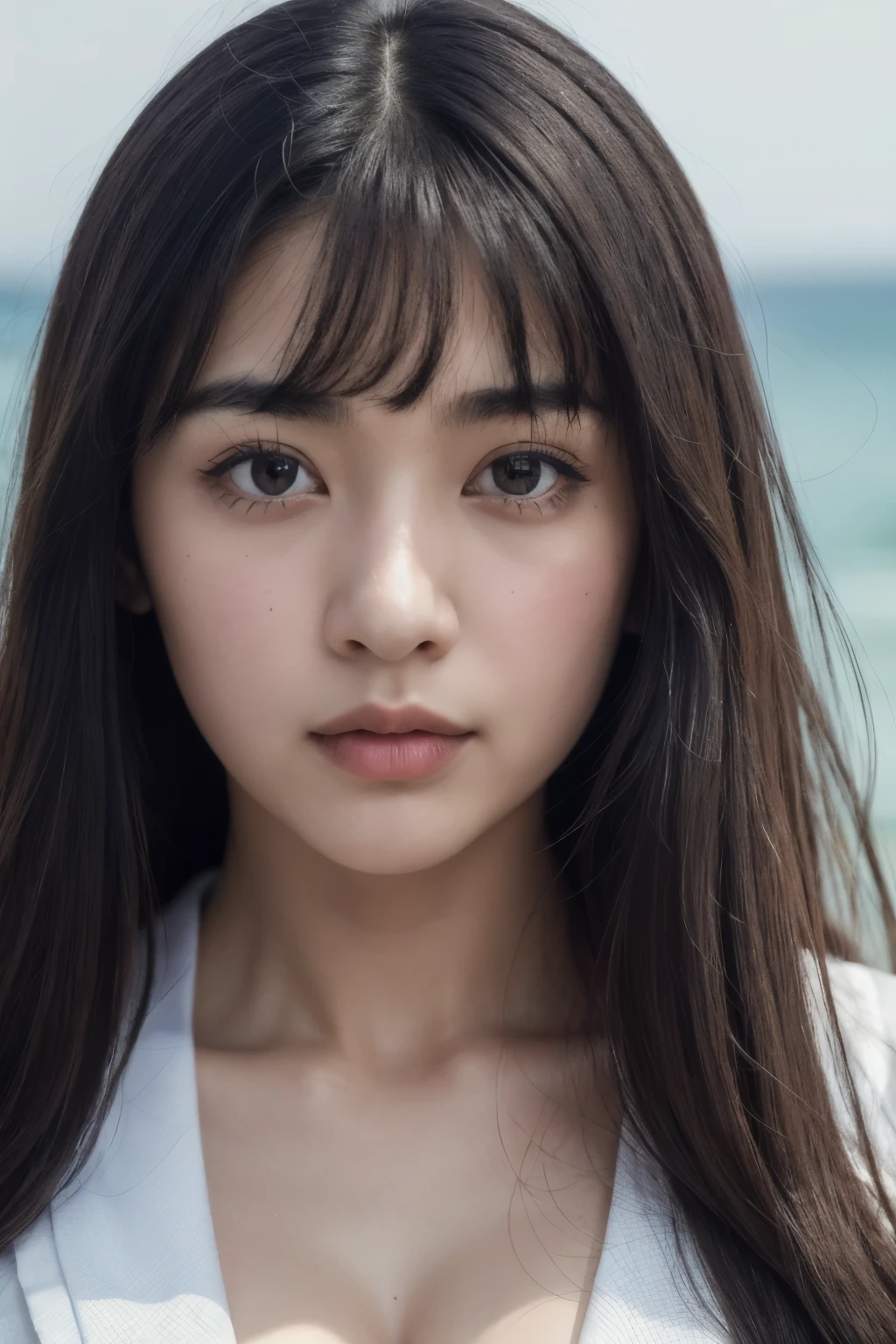 wide angle:1.3, (best quality, masterpiece, ultra-detailed),(8K wallpaper),(1girl, , cute, gal), break, (, serafuku:1.3), (cleavage:1.3) break, (at the sea:1.3), (invite, draw in:1.3), perfectly trimmed fingers, break, (Medium breasts, (red eyes), ultra-detailed brilliant Medium eyes, large pupil, (ultra-detailed black hair), semi-long hair, parted bangs), break, ((Intricate details)), eyes and faces with detailed, break, ((masterpiece, best quality, ultra detailed, detailed face, 8k))