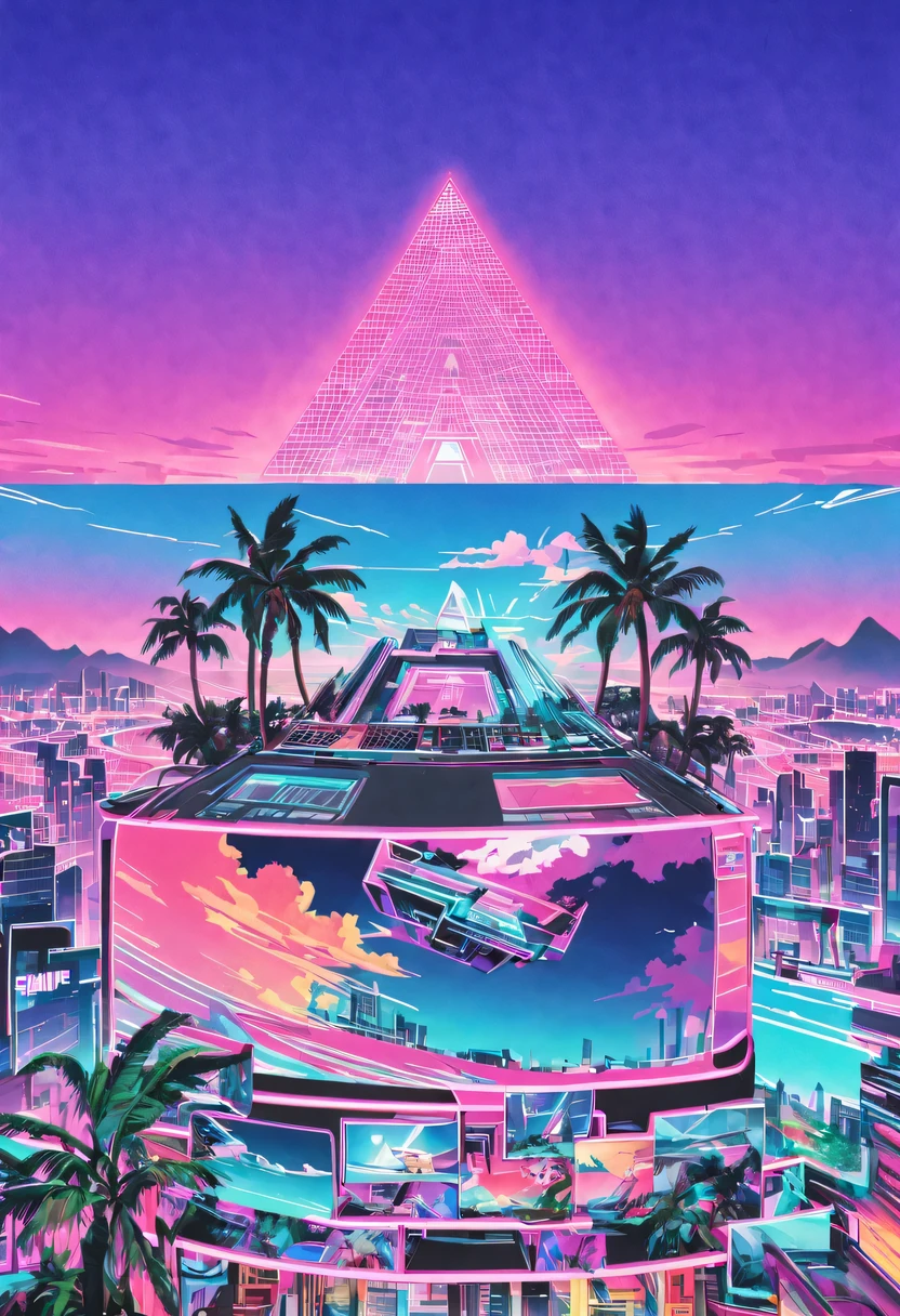 vaporwave头部和身体分开, David sculpture interior, double contact, 商品ocean报,cyberpunk city in background, Ink punk, Colorful neon lights，futuristic city, English title，fantasy, matrix, desert, ocean, pyramid,Screen close-up,coconut tree, 24th century,Strong psychedelic colors and retro-future decadence,distressed and stylized, illusory、Collage、No order，dystopian、Lo-Fi、sample fusion jazigital、chiptune、Fault art、futuristic、High quality、dematerialized art、retro tech、Surrealism,vaporwave nostalgia, very vaporwave, maximalist vaporwave, vaporwave, vaporwave!, vaporwave aesthetics, cyberpunk vaporwave, 90s aesthetic, vaporwave art, 90s aesthetic, 90's aesthetic, hip hop vaporwave, vaporwave aesthetic, vaporwave cartoon,