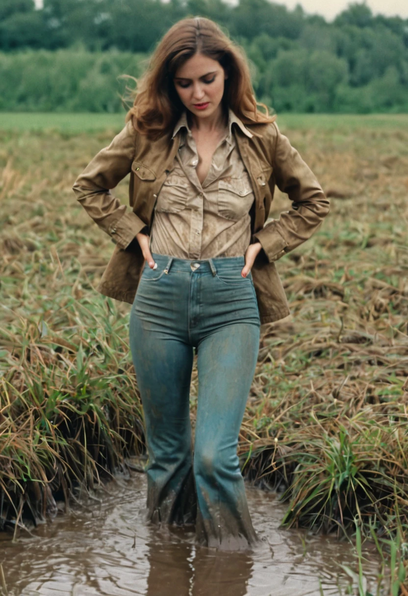 vulnerable shy ordinary woman, high waist mud covered flared (jeans), dirty jacket, blouse, deep sits on back in bog, drowning in bog, caught in her sexual fetish session, wet muddy clothes, 70s setting photo, deep focus, vintage film grain, retro color grading, soft lighting, teasing with her ass in levis jeans