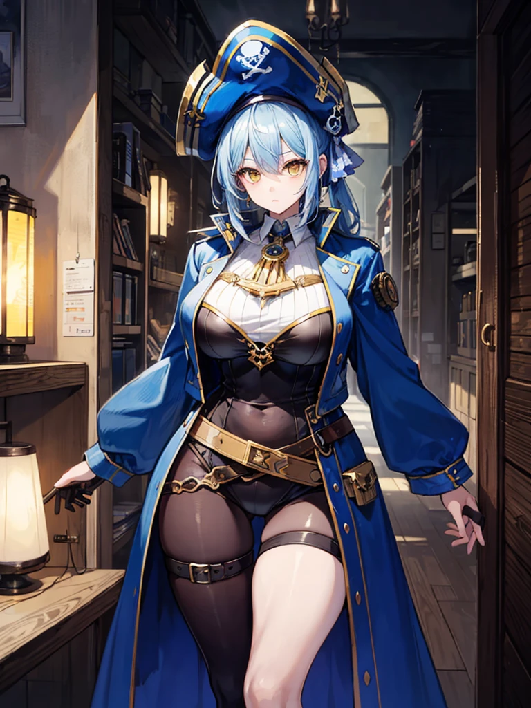 (((masterpiece、Highest image quality、highest quality、highly detailed unity 8kwallpaper)))、((Illustration of one girl、upper body))、(((beautiful girl)))、(female pirate)、(Light light blue hair、short ponytail:1.2、yellow eyes)、(((Right hand is a prosthetic hand、steampunk prosthetic arm)))、((tall))、bulky figure, massive frame, thick neck, sturdy arms, powerful legs、(captain's suit、Pirate hat、Blue coat)、pier