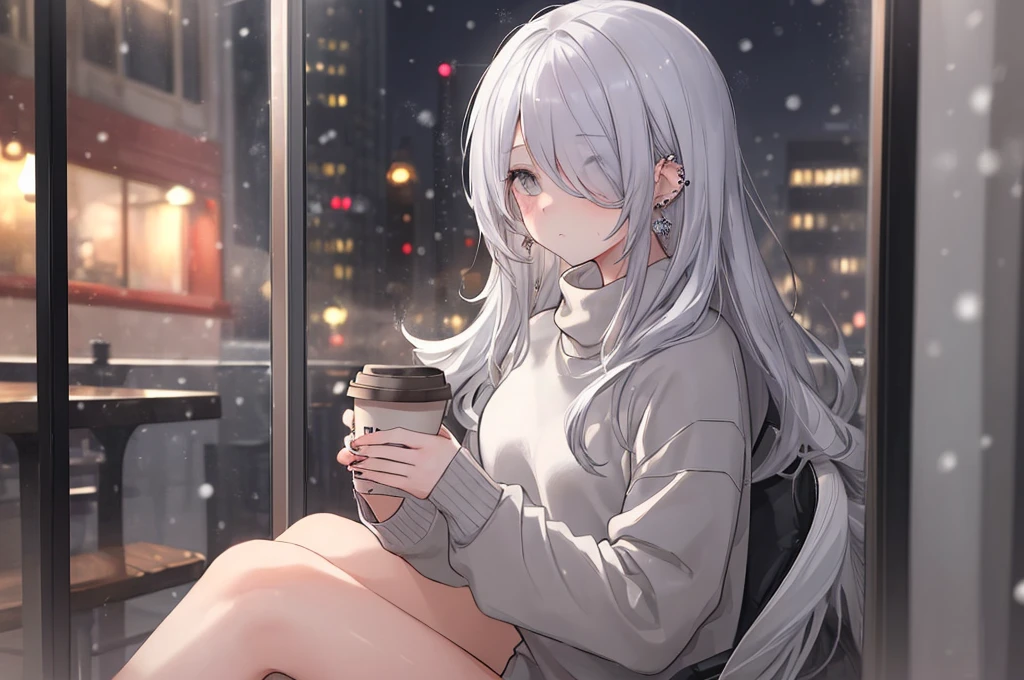 ((masterpiece:1.4, best quality:1.2)), 1girl, solo focus, beautiful skin, blush, grey sweatshirt, long white hair, grey eyes, sitting, earrings, Hands piercing, coffee shop window, night, snowing, cityscape, tall female, beautiful and delicate female, comfy ambience, {detailed background}, hair over one eye, shy, sexy, naked,