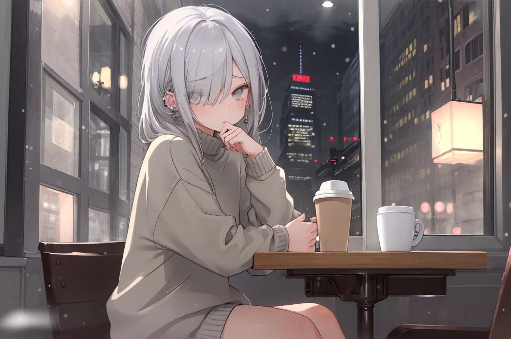 ((masterpiece:1.4, best quality:1.2)), 1girl, solo focus, beautiful skin, blush, grey sweatshirt, long white hair, grey eyes, sitting, earrings, Hands piercing, coffee shop window, night, snowing, cityscape, tall female, beautiful and delicate female, comfy ambience, {detailed background}, hair over one eye, shy, sexy, naked,