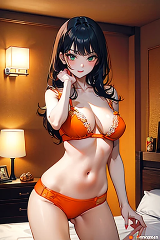 Black hair, green eyes, large breast, sexy, beautiful body, orange underwear, orange lingerie, orange bra, bedroom, Masterpiece