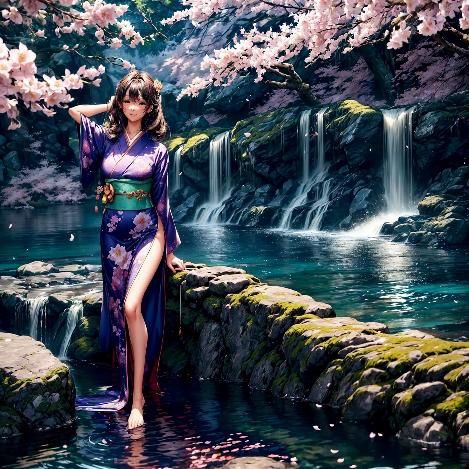 (((highest quality、masterpiece、very high resolution、highly detailed images、detailed details)))、(A woman of perfect and ultimate beauty:18-year-old, beautiful body、beautiful face、beautiful hair,bright smile)、(Slender and beautiful body, best skin and hair texture)、((Beautiful Japan kimono:Colorful with floral patterns,shoulders are exposed,I can see my thighs)),(Fantastic waterside,There is a waterfall,Night cherry blossoms and lanterns,mysterious night sky,natural light,beautiful scenery,beautiful scenery),(water play,beautiful pose,model shoot,Hair flutters under the influence of the wind),realistic portrait,bijinga,Overall image、accurate image、accurate anatomy、Image without defects,(best shot,RAW photo:1.2)