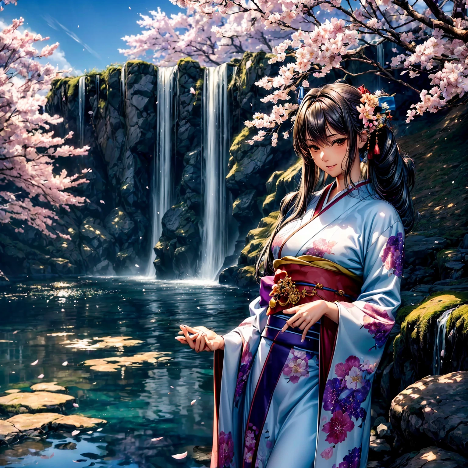 (((highest quality、masterpiece、very high resolution、highly detailed images、detailed details)))、(A woman of perfect and ultimate beauty:18-year-old, beautiful body:Slender and beautiful breasts、beautiful face:smile、beautiful hair:various hairstyles)、(best skin and hair texture)、((Beautiful Japan kimono:Colorful with floral patterns,shoulders are exposed,I can see my thighs)),(Fantastic waterside,There is a waterfall,Night cherry blossoms and lanterns,mysterious night sky,natural light,beautiful scenery,beautiful scenery),(beautiful pose,model shoot,The wind is blowing:hair fluttering),realistic portrait,bijinga,Overall image、highly detailed images、accurate image:1.5、accurate anatomy:1.5、Image without defects,perfect image,Overall image,(best shot,RAW photo:1.2)