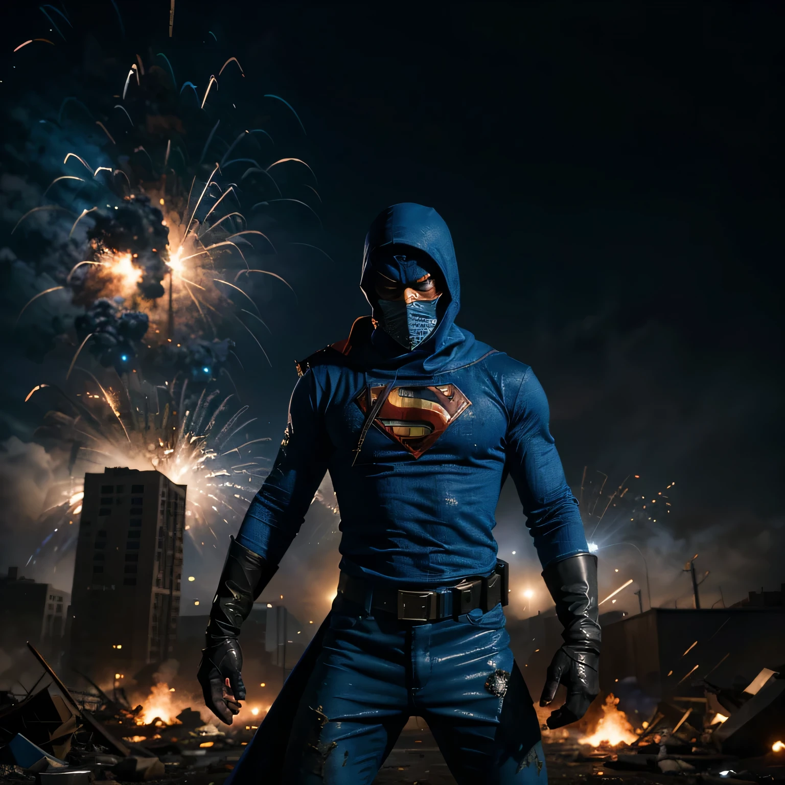 one super-hero with a blue outfit fights a black-masked villain in a post-apocalyptic world, surrounded by zombies and explosions while a meteor rain falls around them